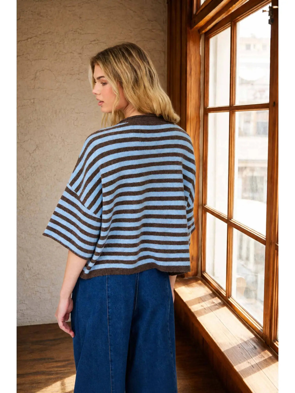 Blu Pepper Stripe Raw Edge Short Sleeve Button Down Cardigan