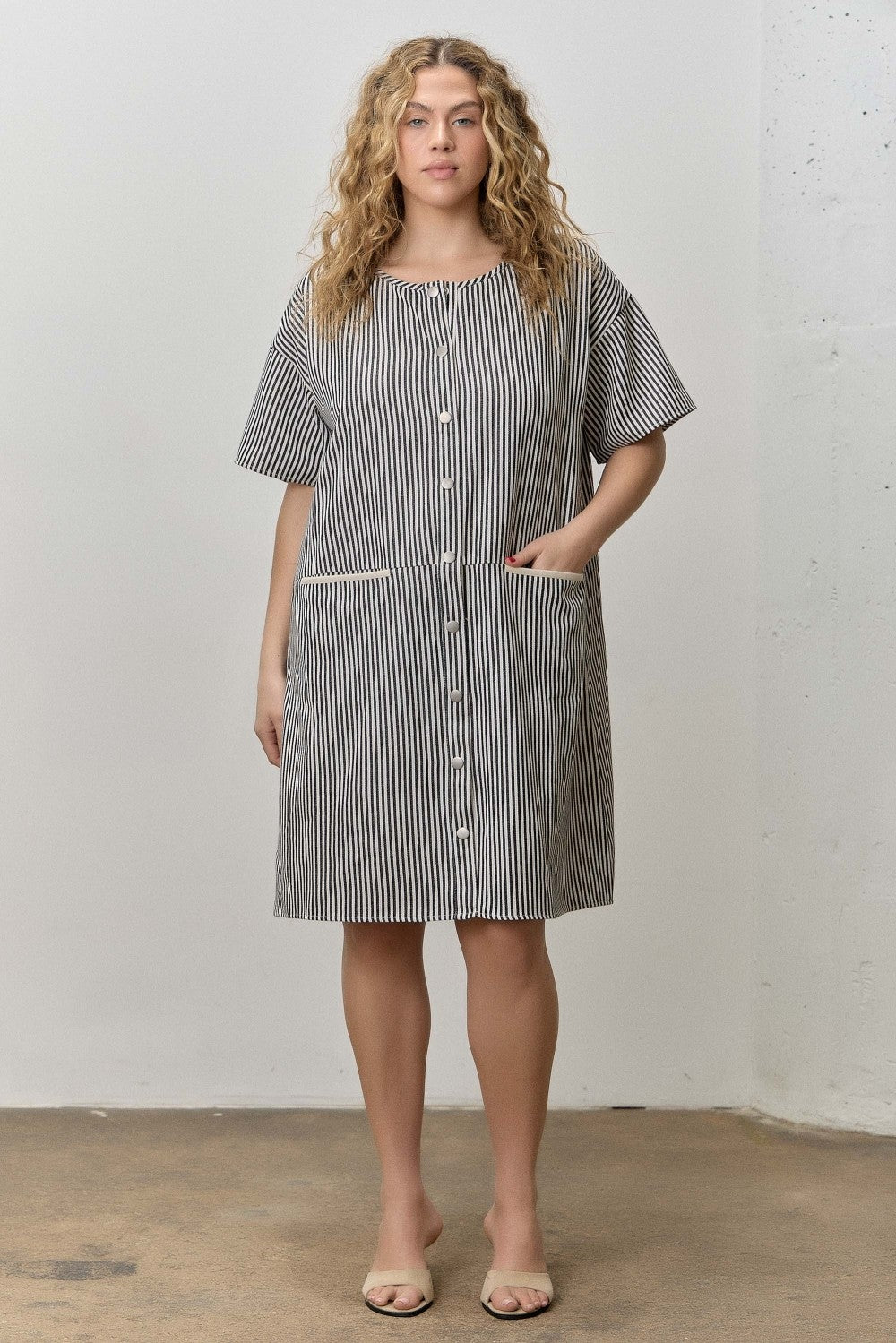Polagram Curvy Pinstripe Button Up Dress