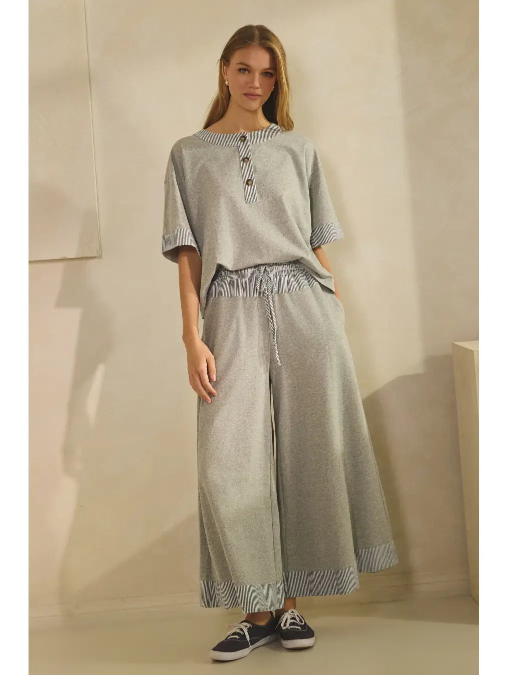 Oddi Plus Contrast-Trim Henley Top and Pants Set