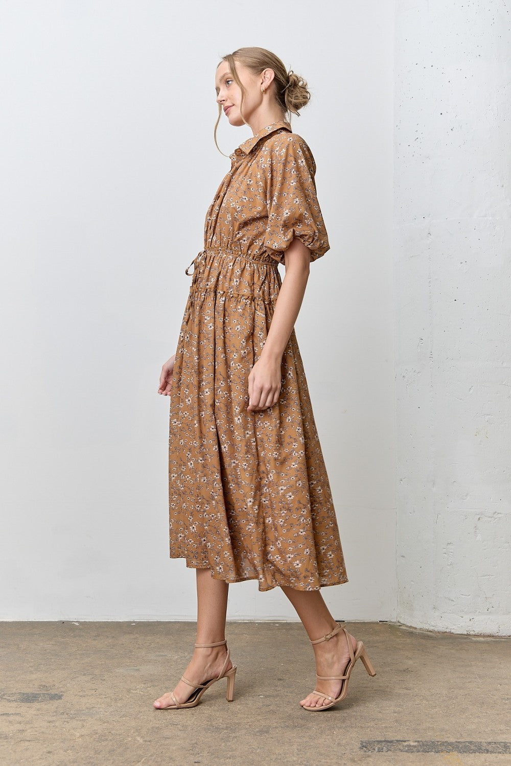 Polagram Curvy Floral Print Collar Bubble Slv Midi