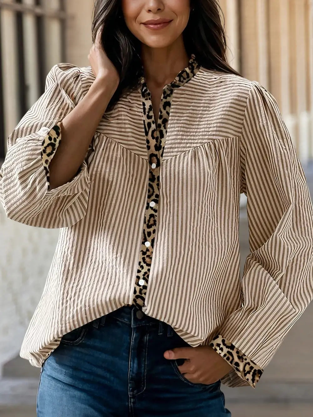 Aapparella Textured Leopard Patchwork Long Sleeve Shirt