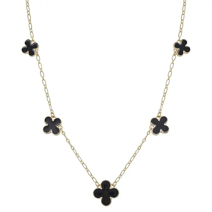 WH Black Enamel Clover On Gold Chain 16"-18" Necklace