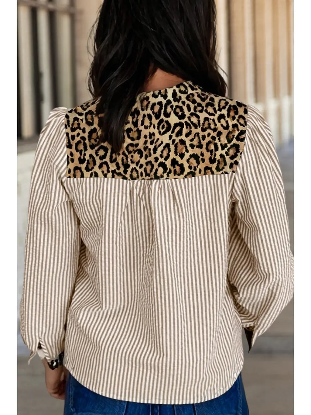 Aapparella Textured Leopard Patchwork Long Sleeve Shirt