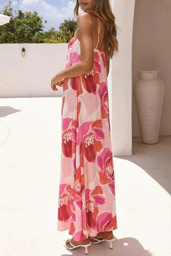 Sundayup Floral Print Strap Linen Maxi Dress