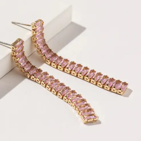 Cubic Zirconia Baguette Stone Linked Linear Drop Earrings