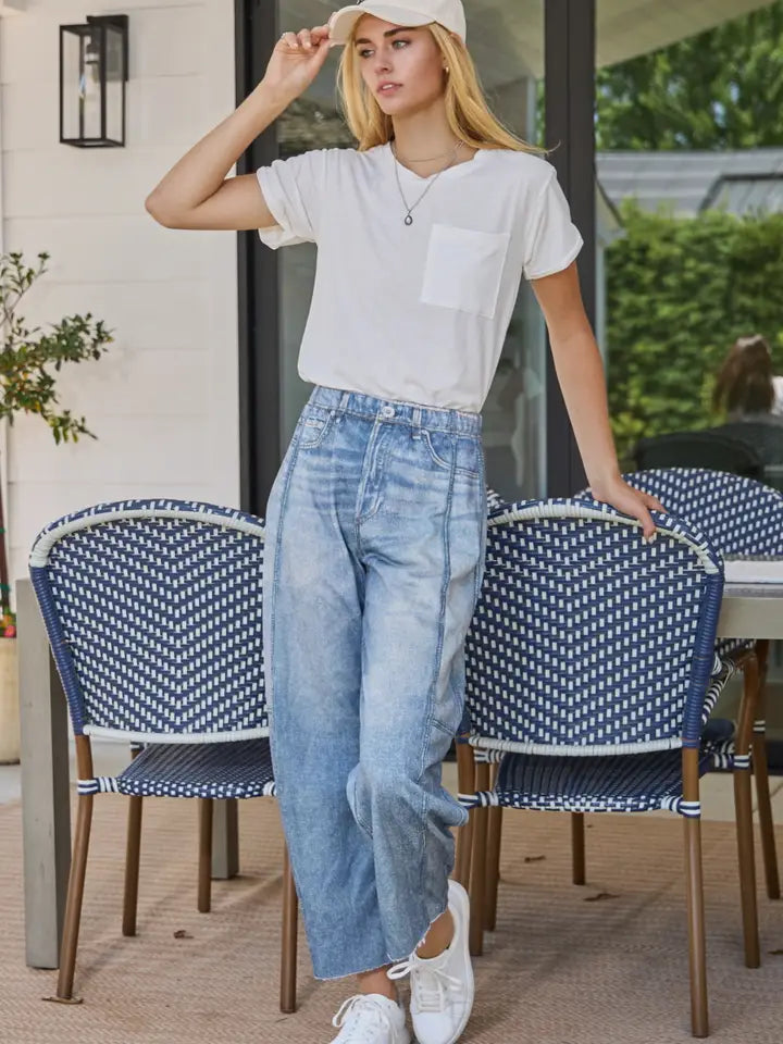 Oddi Illusion Faux Denim-Like Printed Barrel Pants