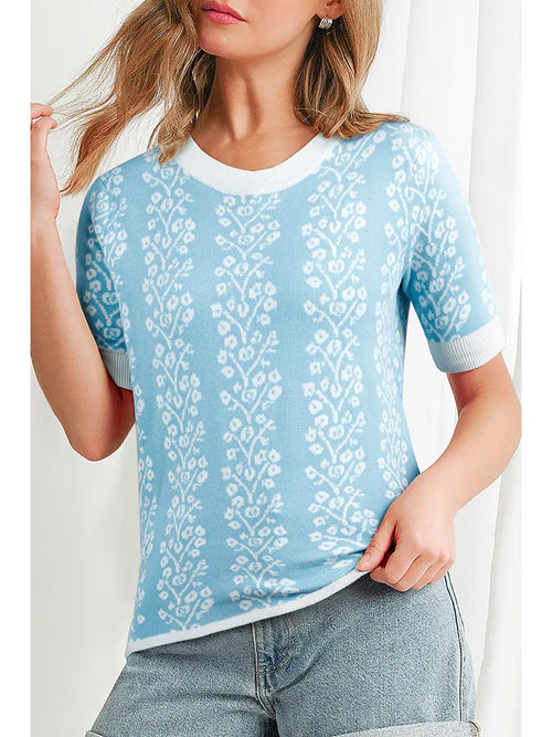 Aaparella Contrast Floral Crewneck Short Sleeve Sweater