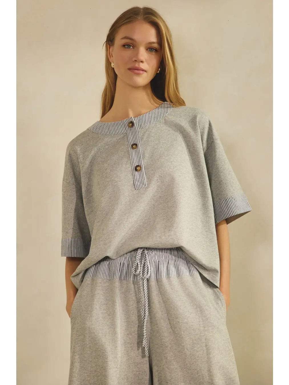 Oddi Plus Contrast-Trim Henley Top and Pants Set