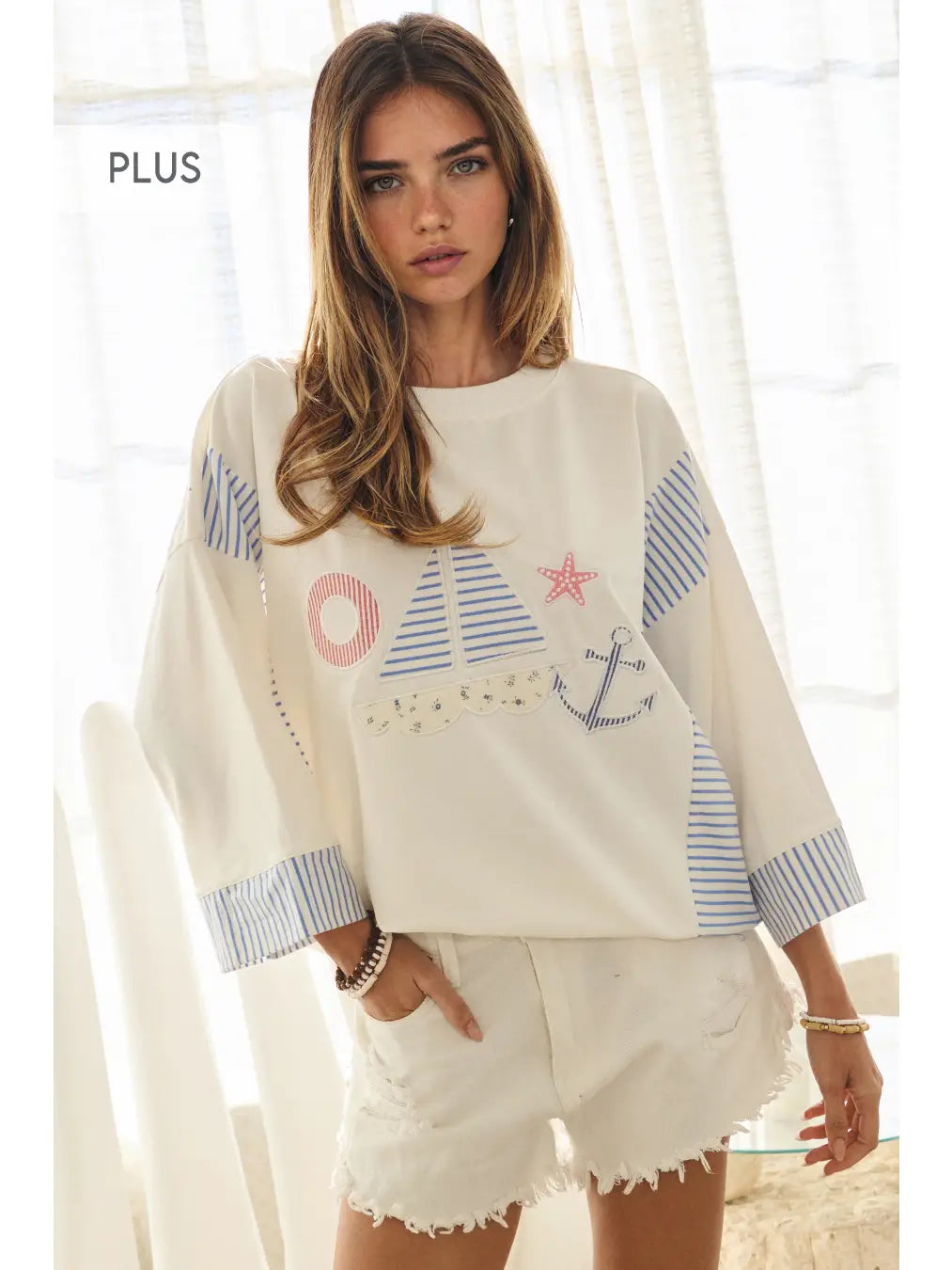 Oddi Sailboat Graphic Sweatshirt Stripe Sleeve Plus