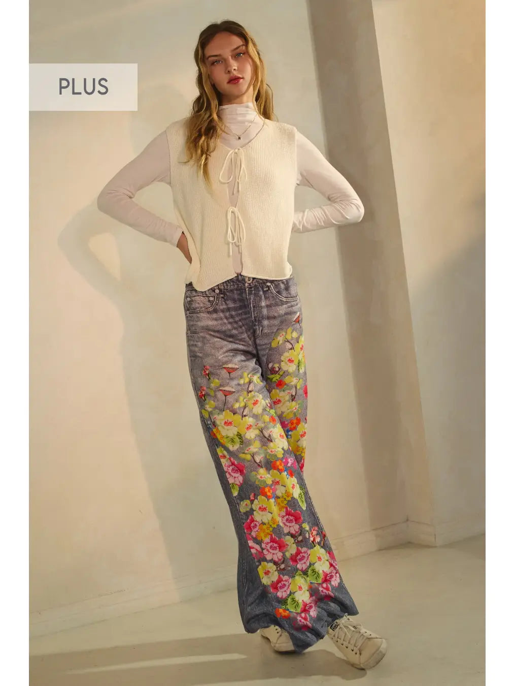 Oddi Plus Floral & Faux Denim Printed Wide Pants