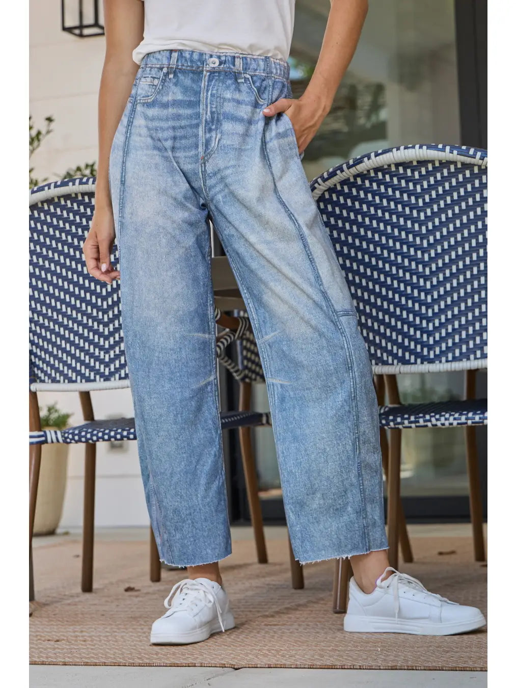 Oddi Plus Illusion Faux Denim-Like Printed Barrel Pants