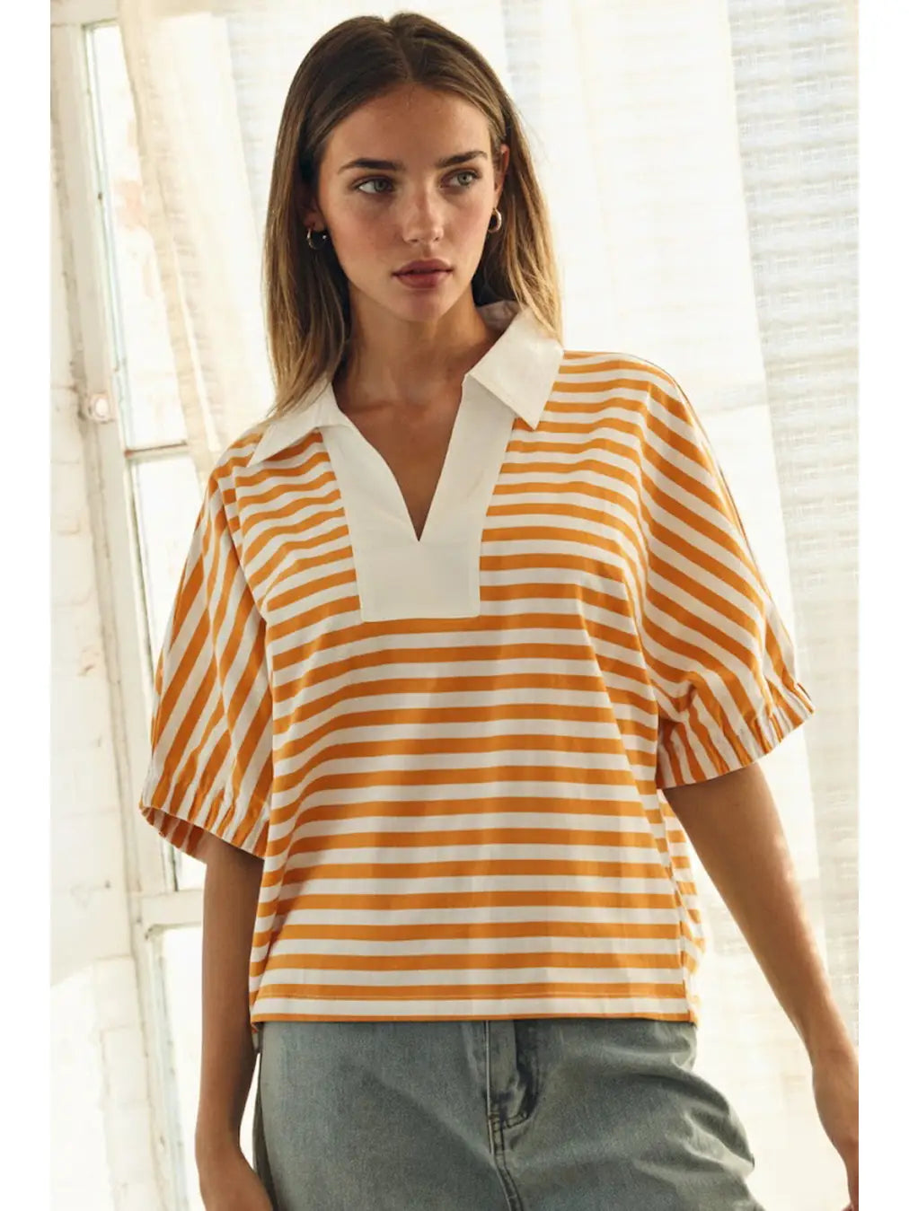 Oddi Striped Pullover Popover Collar Plus