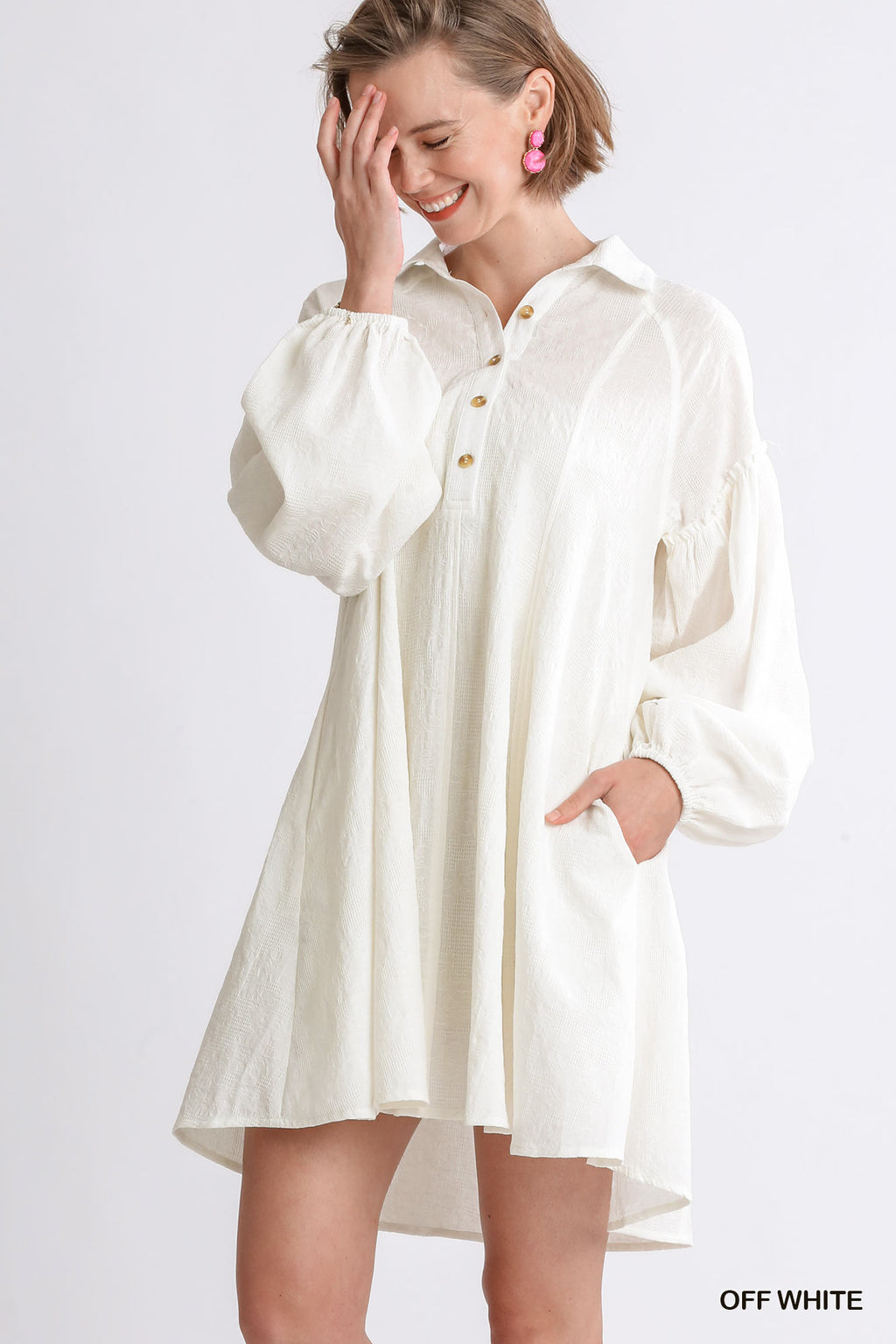 Umgee Textured Button Front Collar Balloon Sleeve Mini Dress