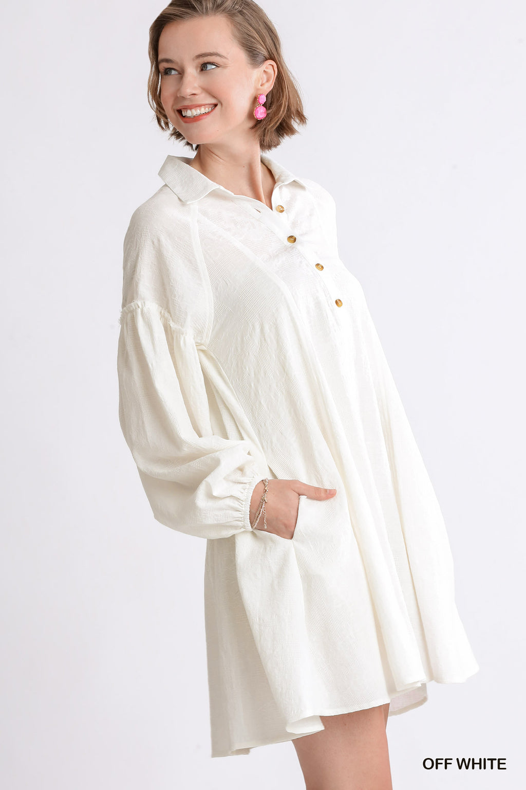 Umgee Textured Button Front Collar Balloon Sleeve Mini Dress