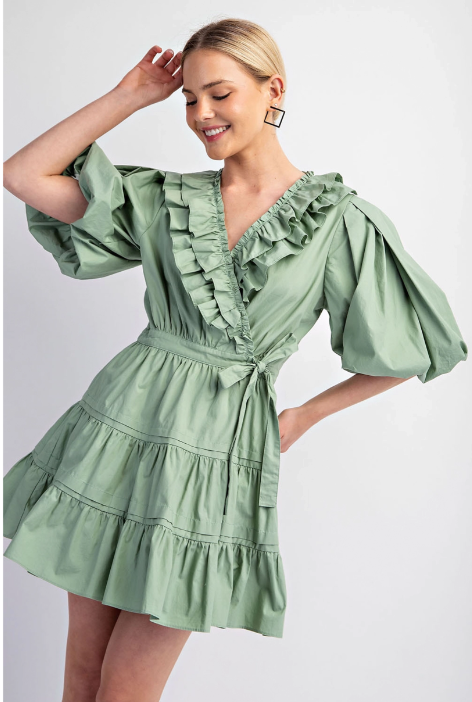 Gigio Tiered Wrap Mini Dress Waist Tie Ruffle