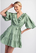 Gigio Tiered Wrap Mini Dress Waist Tie Ruffle