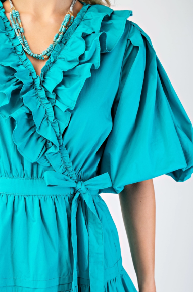 Gigio Tiered Wrap Mini Dress Waist Tie Ruffle