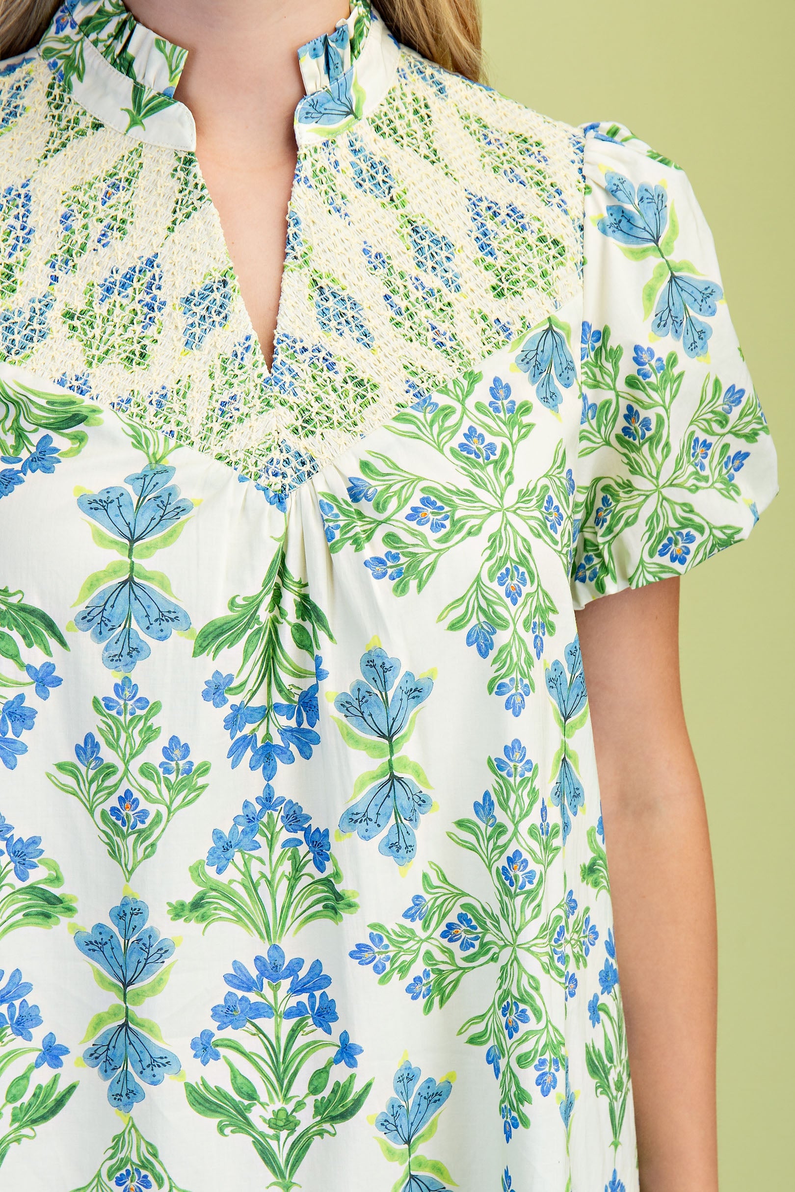 Gigio Floral Print Ruffle Collar V Neck Mini Dress