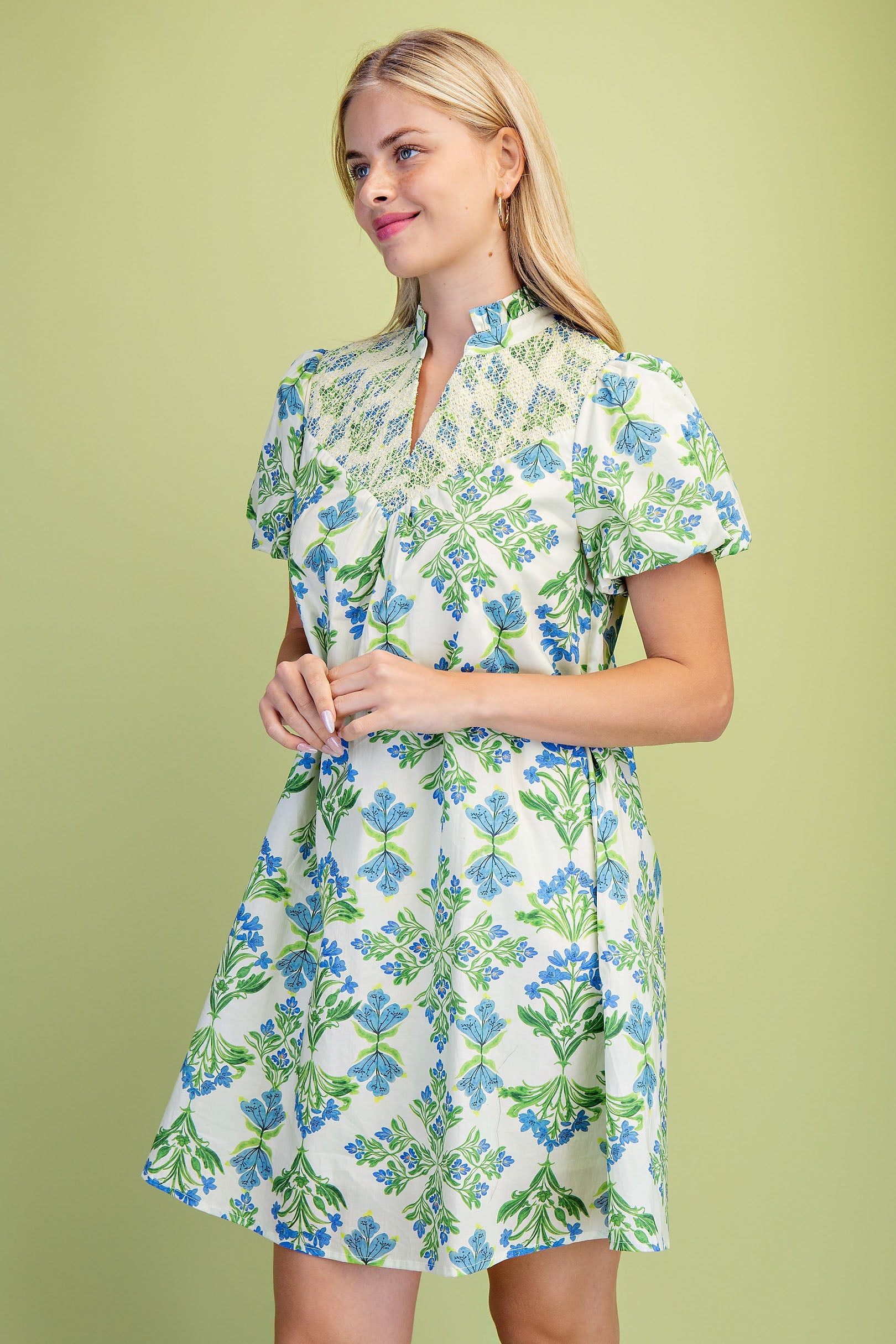 Gigio Floral Print Ruffle Collar V Neck Mini Dress