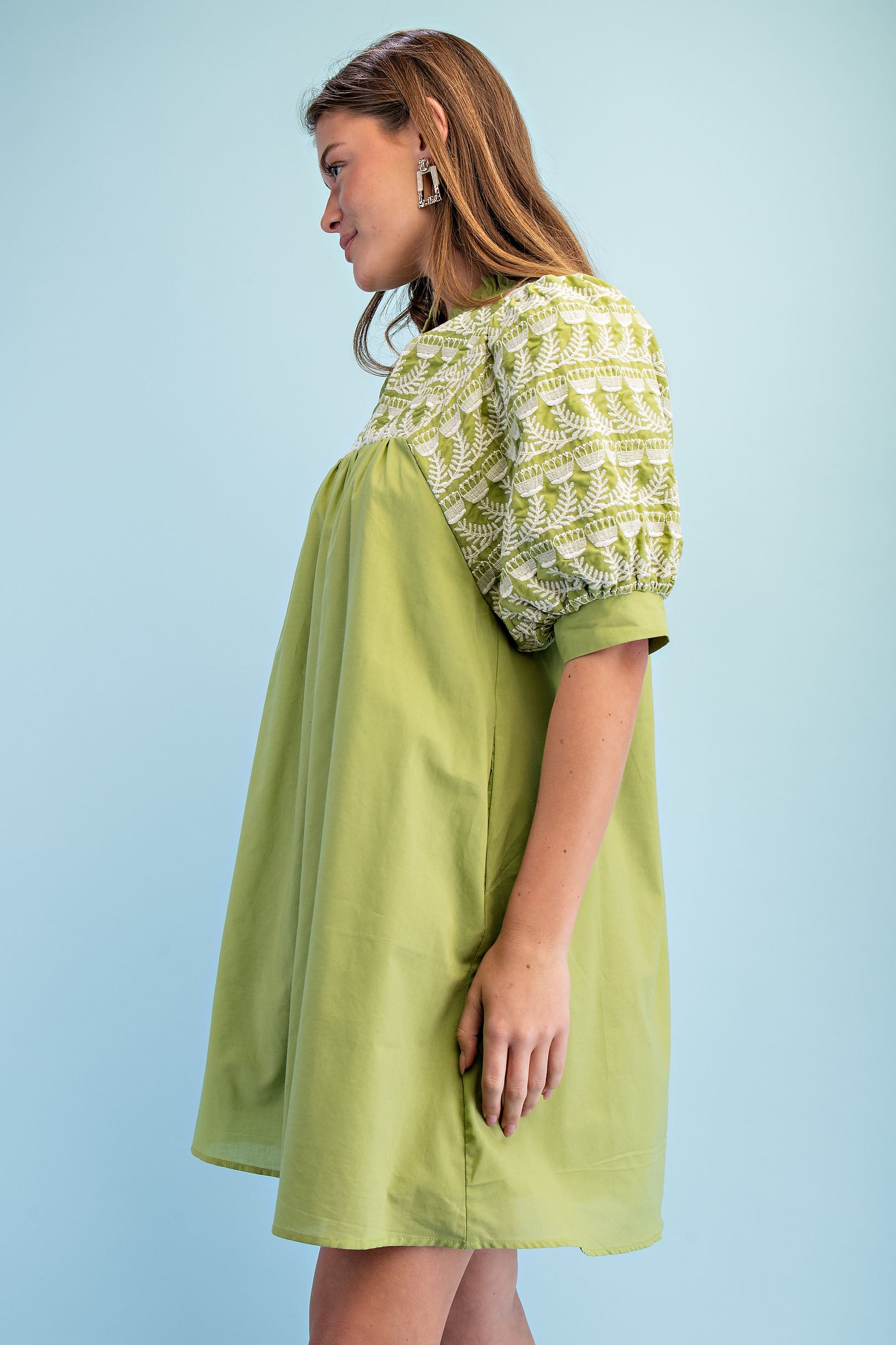 Gigio Floral Embroidered V Neck Dress w/ Puff Slvs