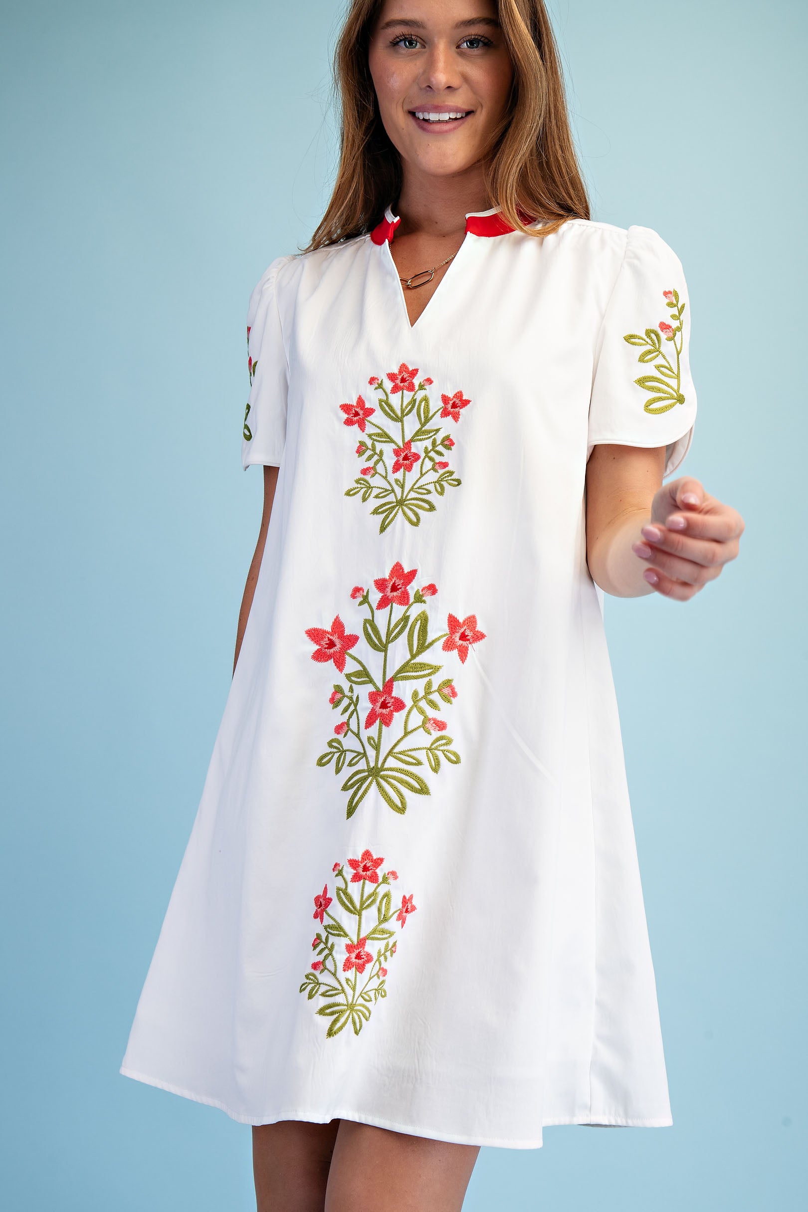 Gigio Floral V Embroidered Dress w/ Stripe Details