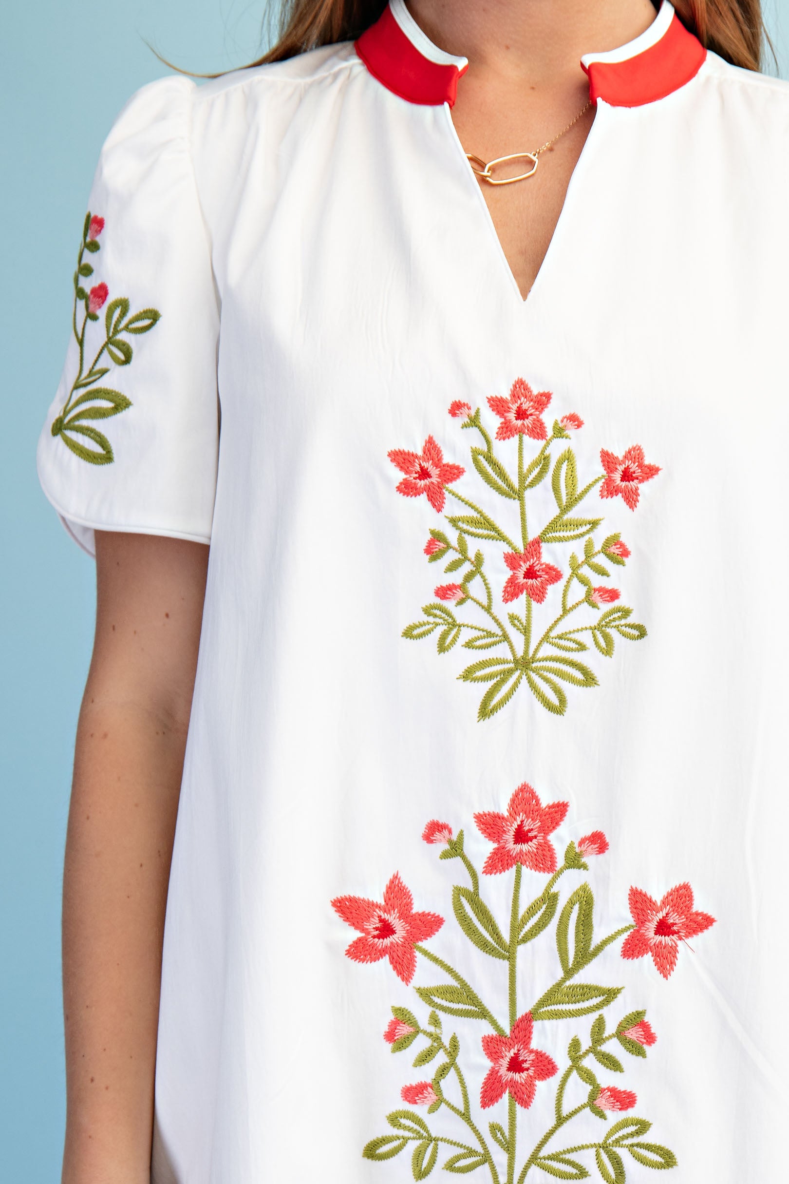 Gigio Floral V Embroidered Dress w/ Stripe Details