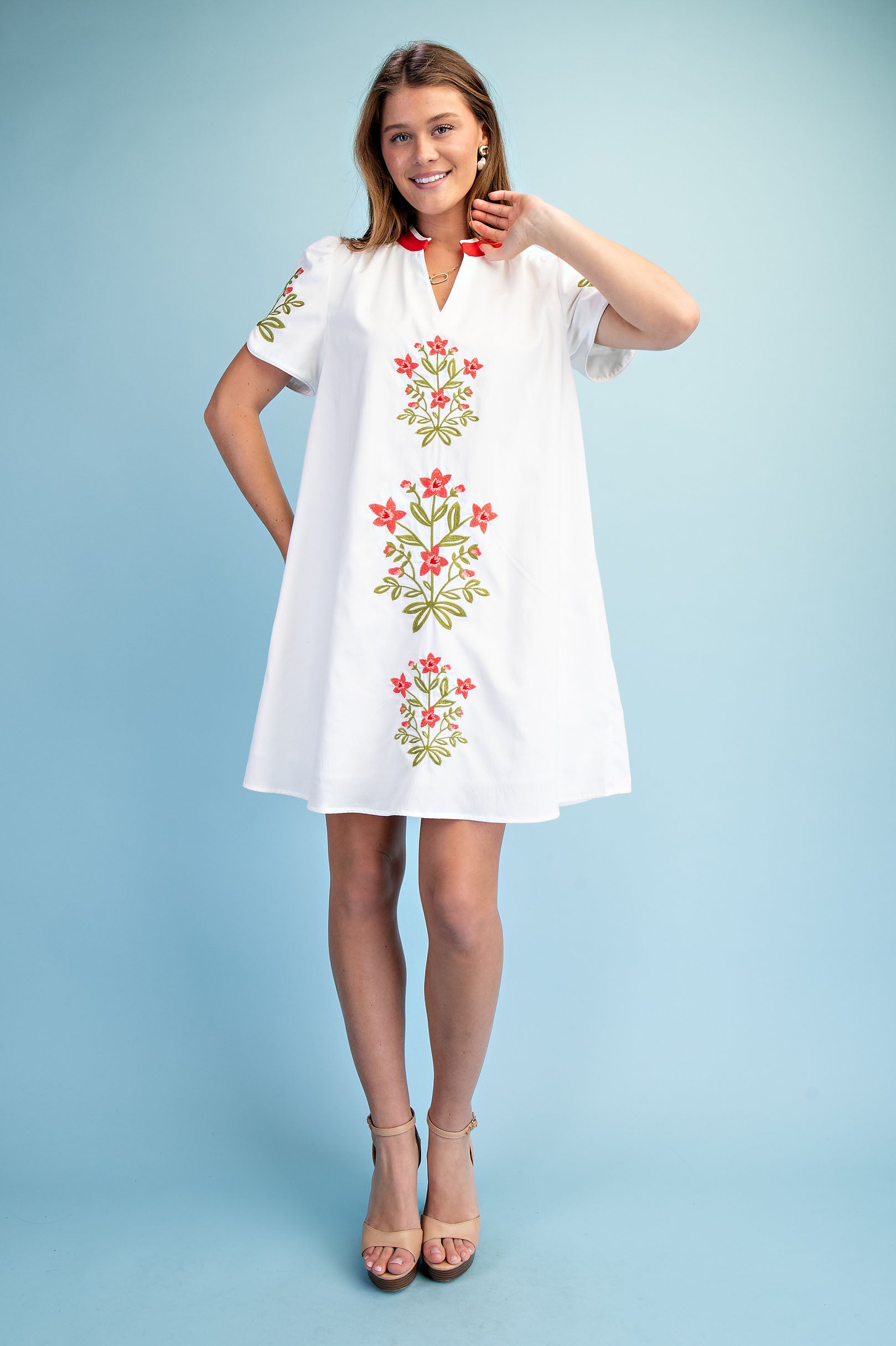 Gigio Floral V Embroidered Dress w/ Stripe Details