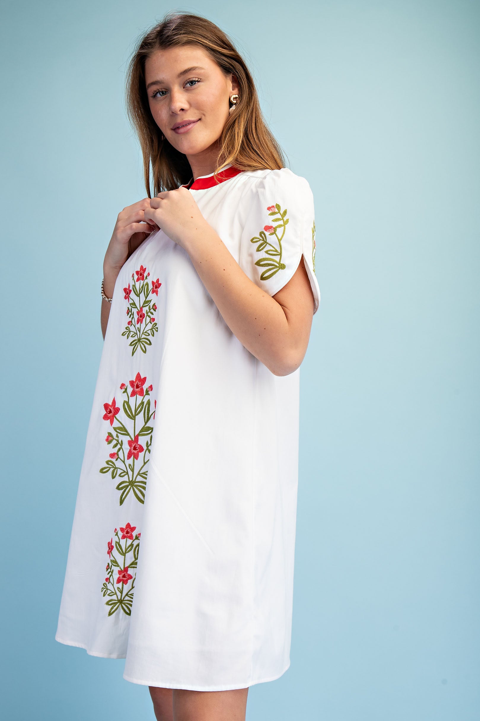 Gigio Floral V Embroidered Dress w/ Stripe Details
