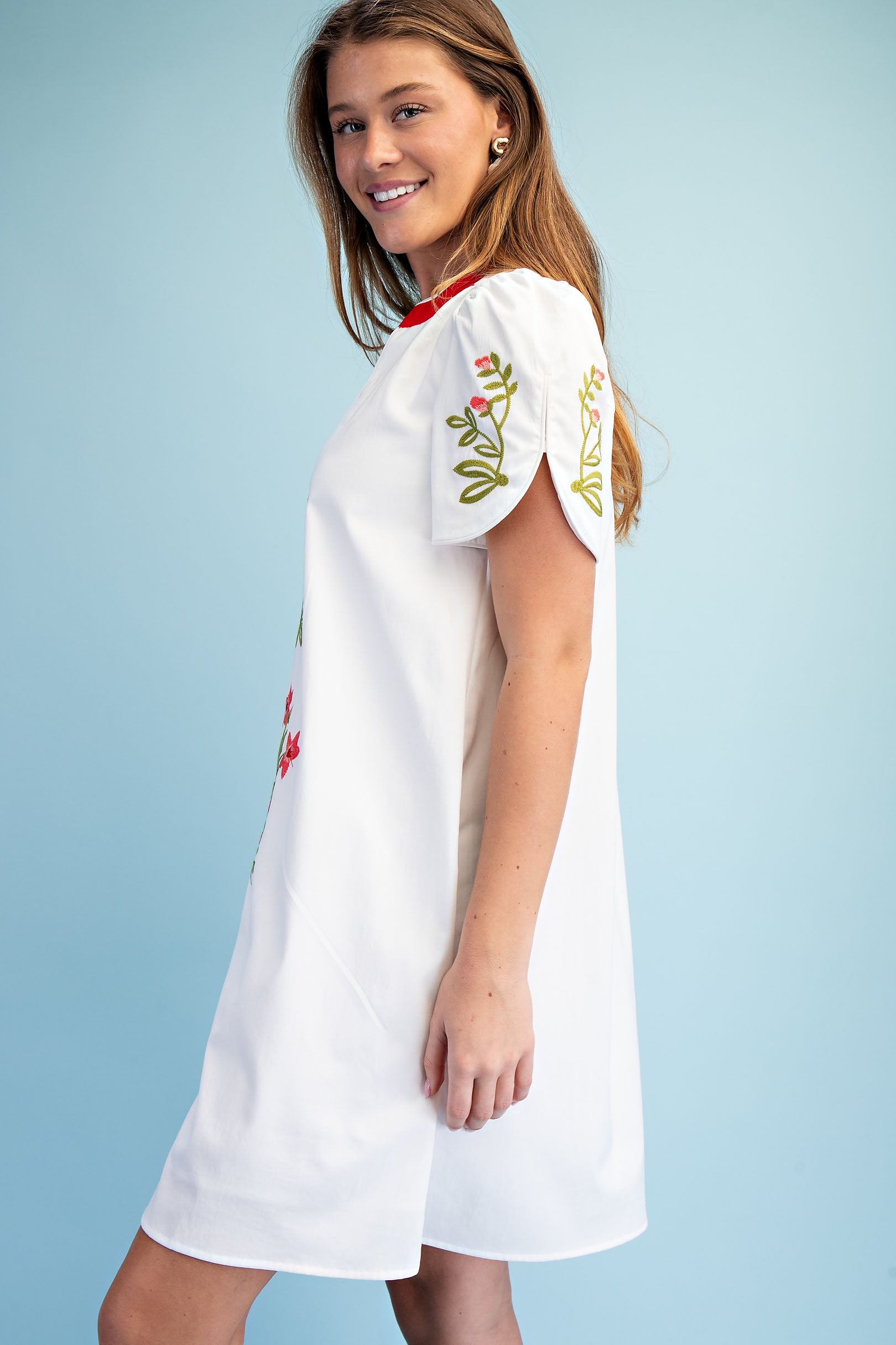 Gigio Floral V Embroidered Dress w/ Stripe Details