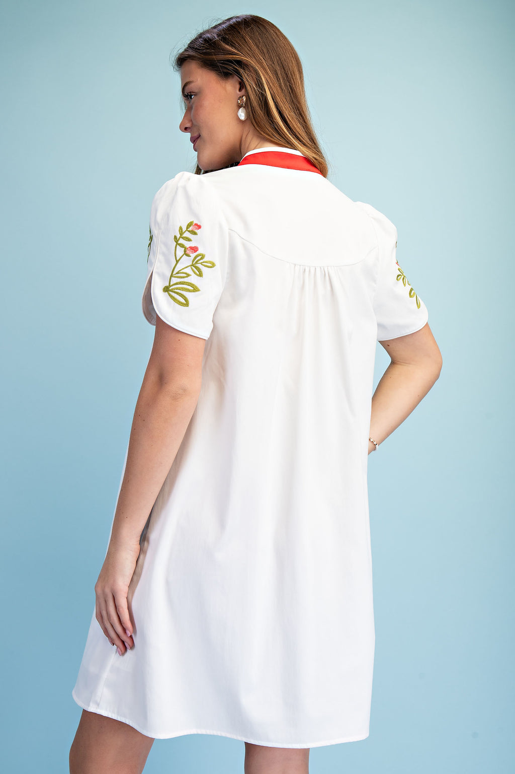 Gigio Floral V Embroidered Dress w/ Stripe Details
