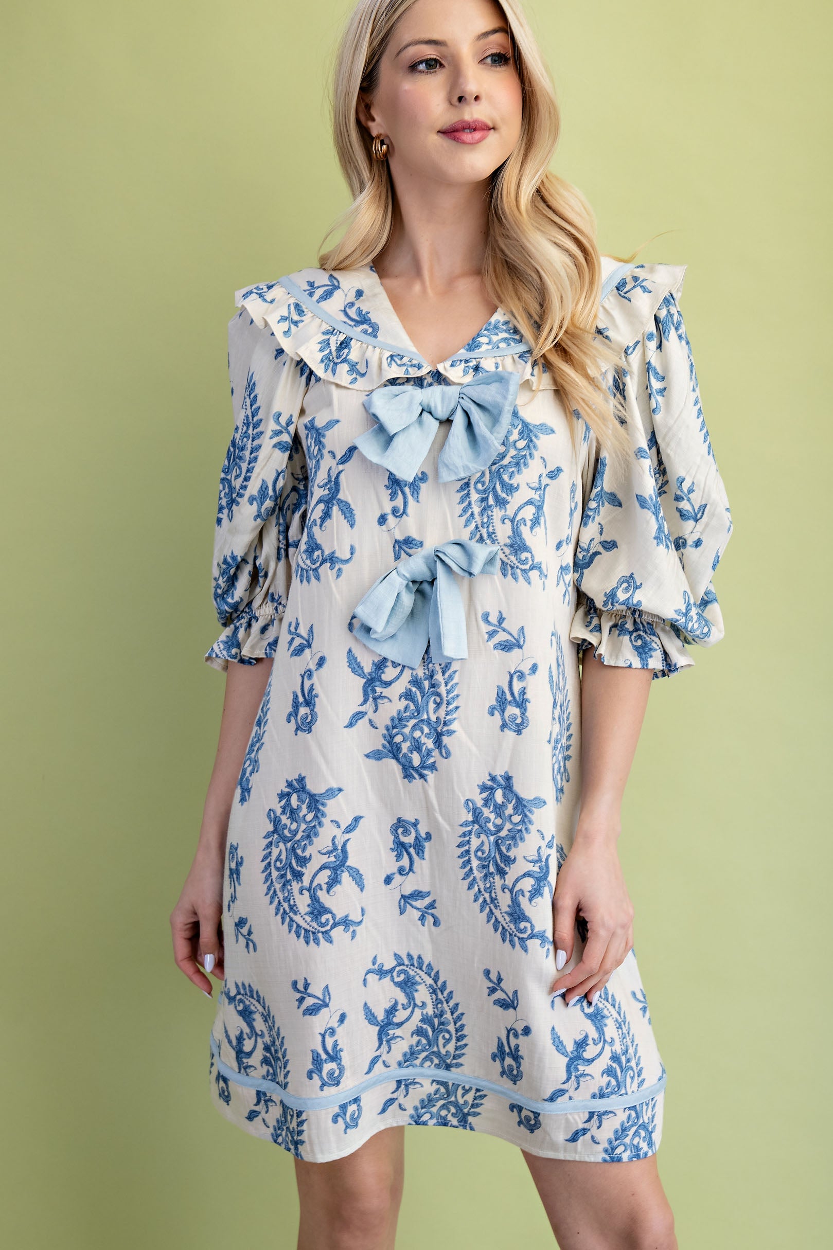 Gigio Ruffled Peter Pan Collar Mini Dress w/ Bows