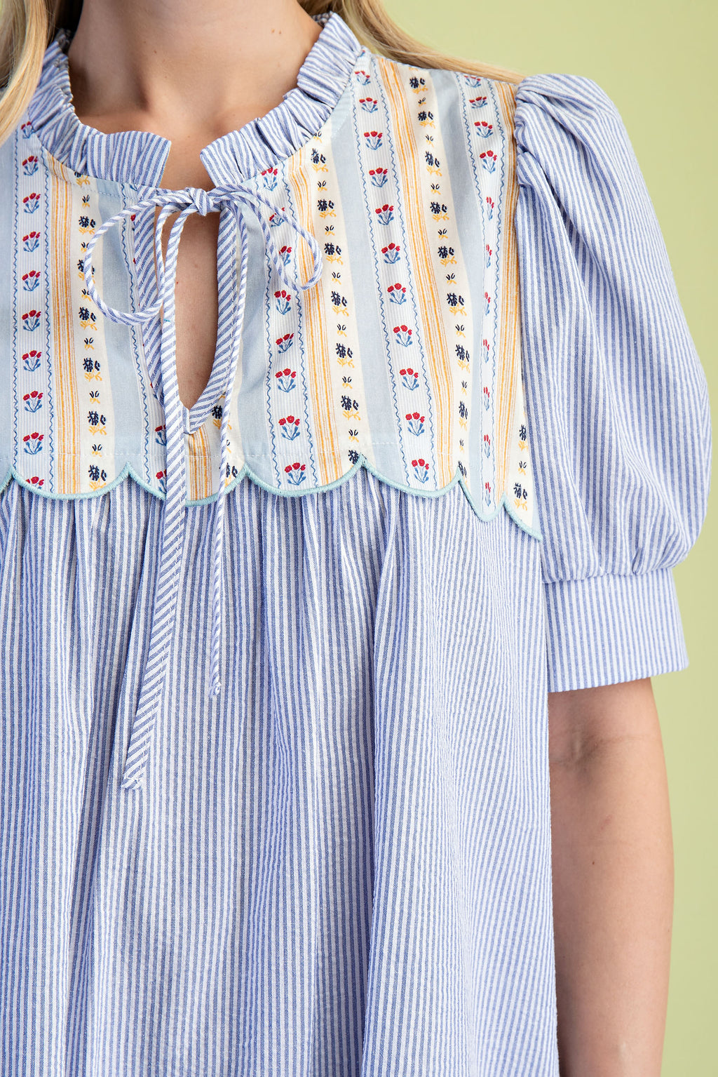 Gigio Striped Short Sleeve Mini Dress w/Scallops