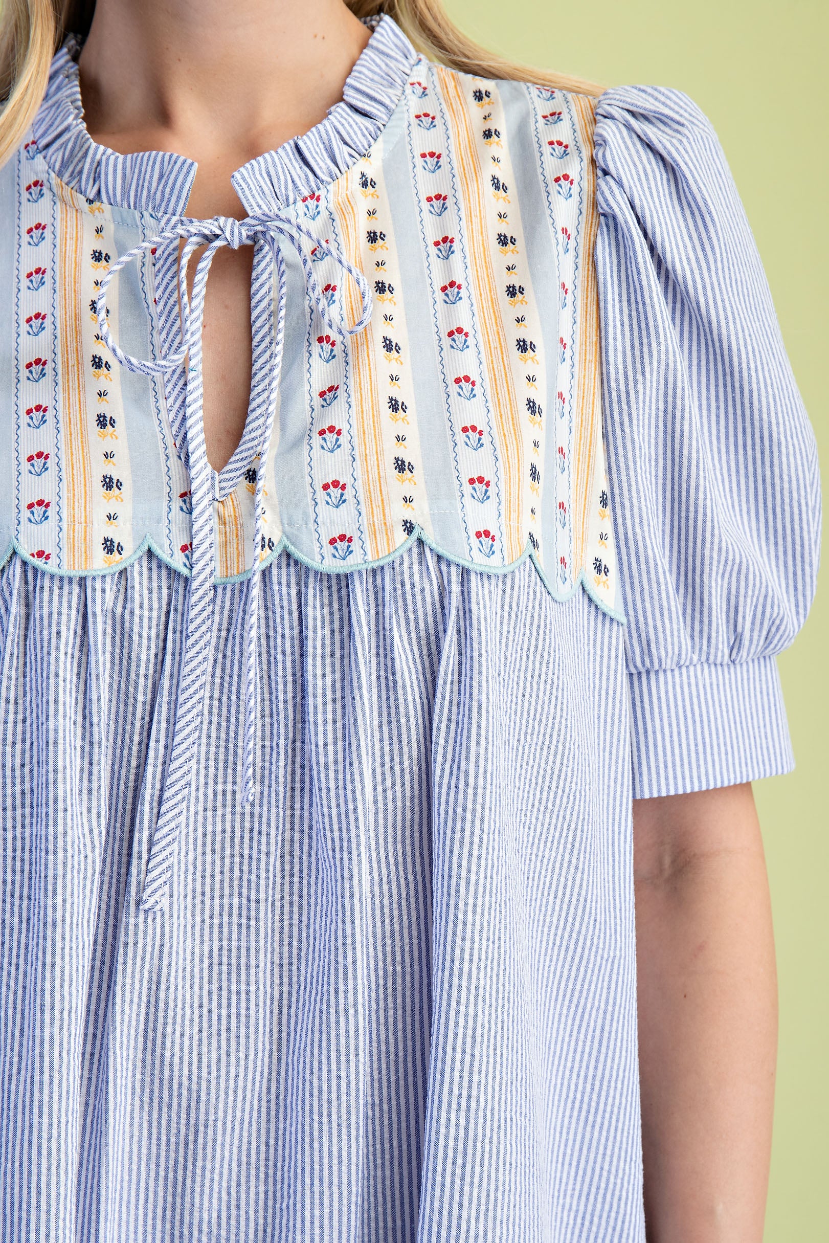 Gigio Striped Short Sleeve Mini Dress w/Scallops