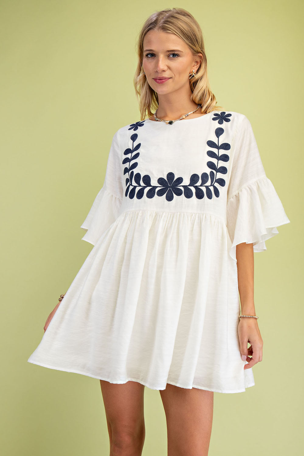 Gigio Babydoll Mini Dress w/ 3/4 Flutter Sleeves