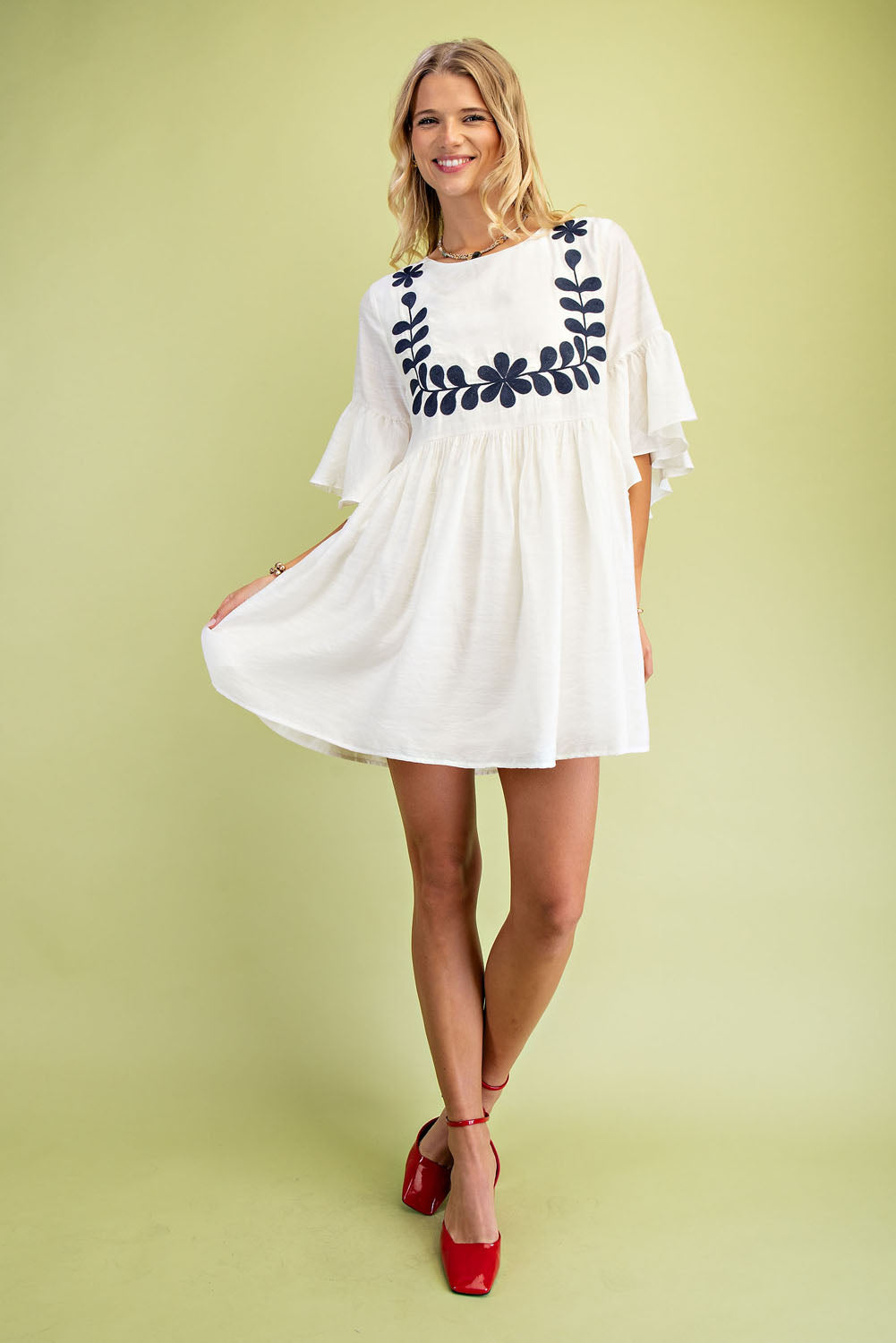 Gigio Babydoll Mini Dress w/ 3/4 Flutter Sleeves