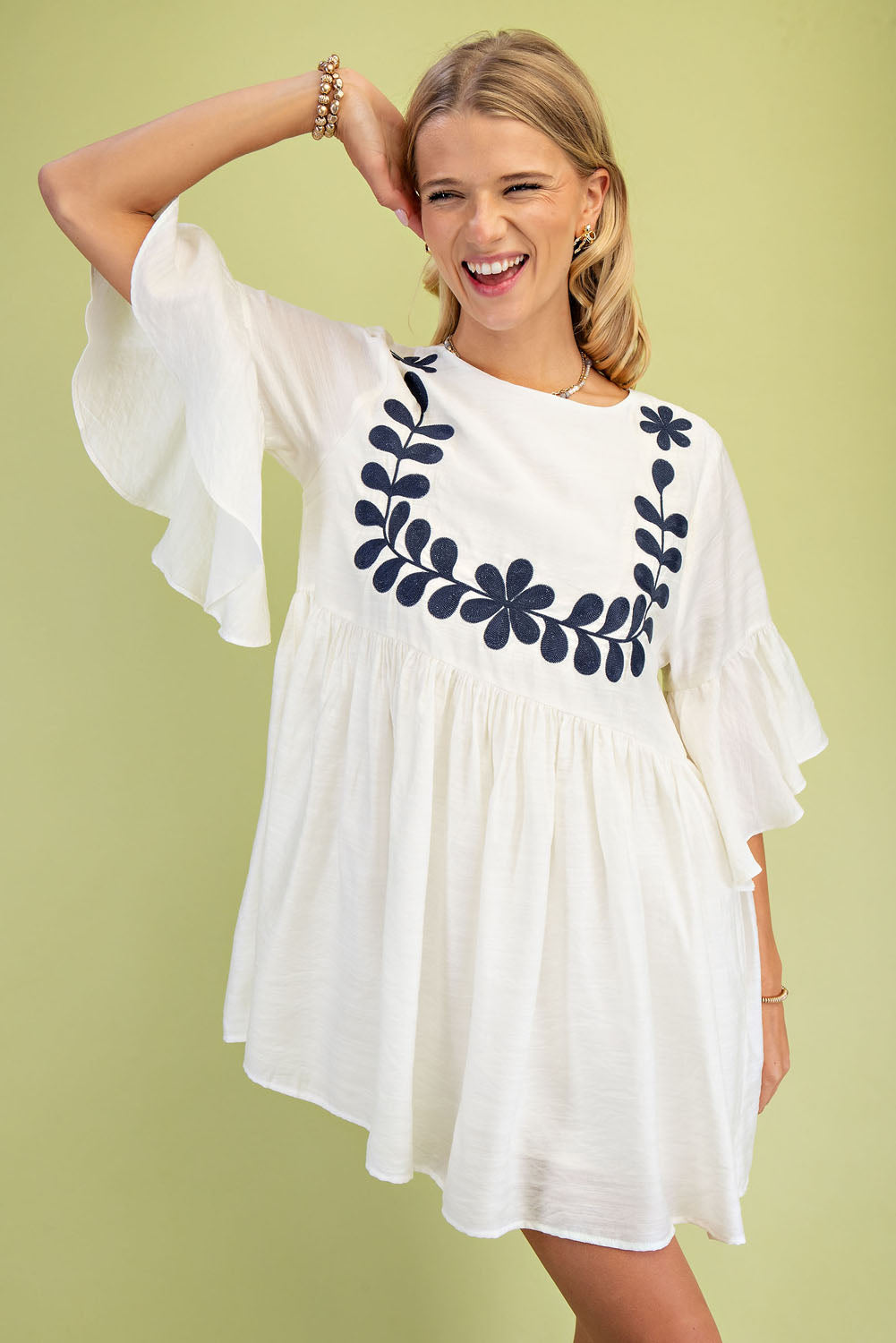 Gigio Babydoll Mini Dress w/ 3/4 Flutter Sleeves