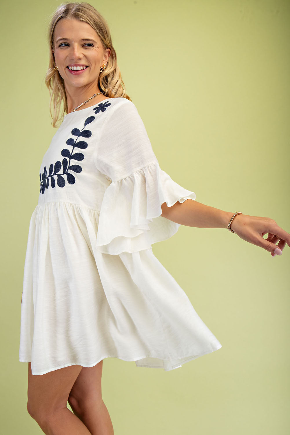 Gigio Babydoll Mini Dress w/ 3/4 Flutter Sleeves