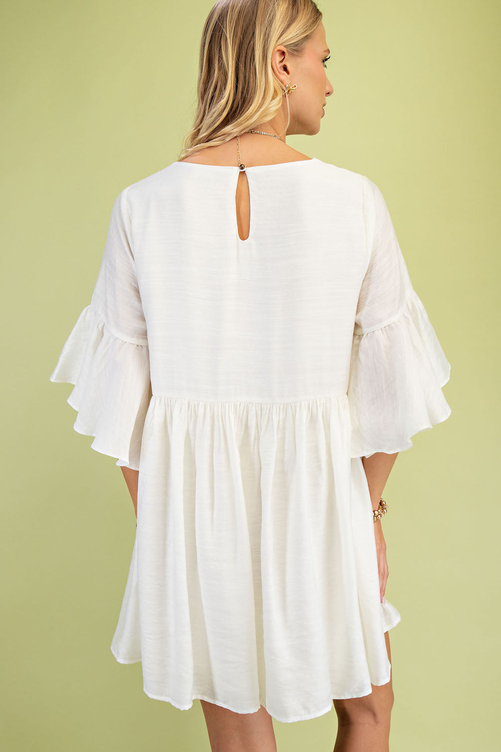 Gigio Babydoll Mini Dress w/ 3/4 Flutter Sleeves