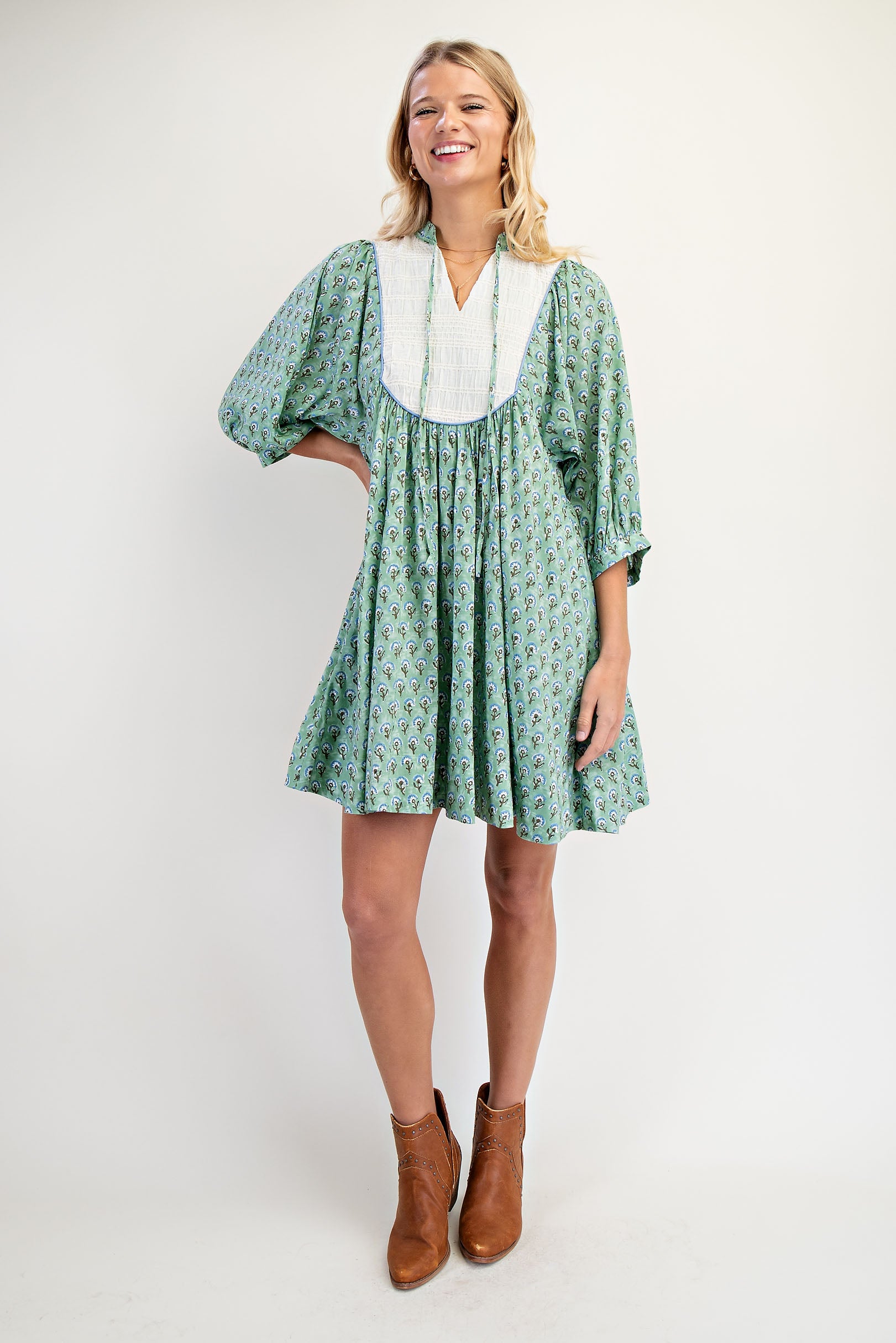 Gigio Dandelion Print Dress with Tie Neck