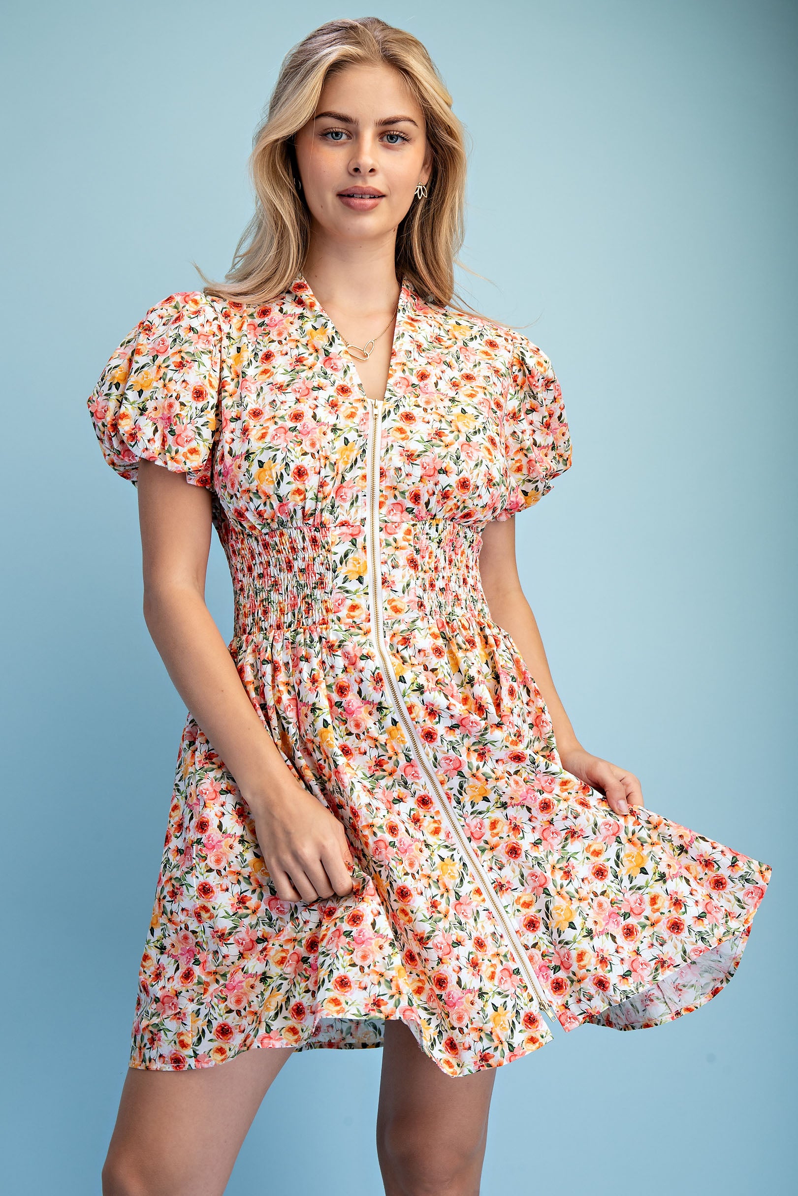 Gigio Rose Print Puff Sleeve Mini Dress