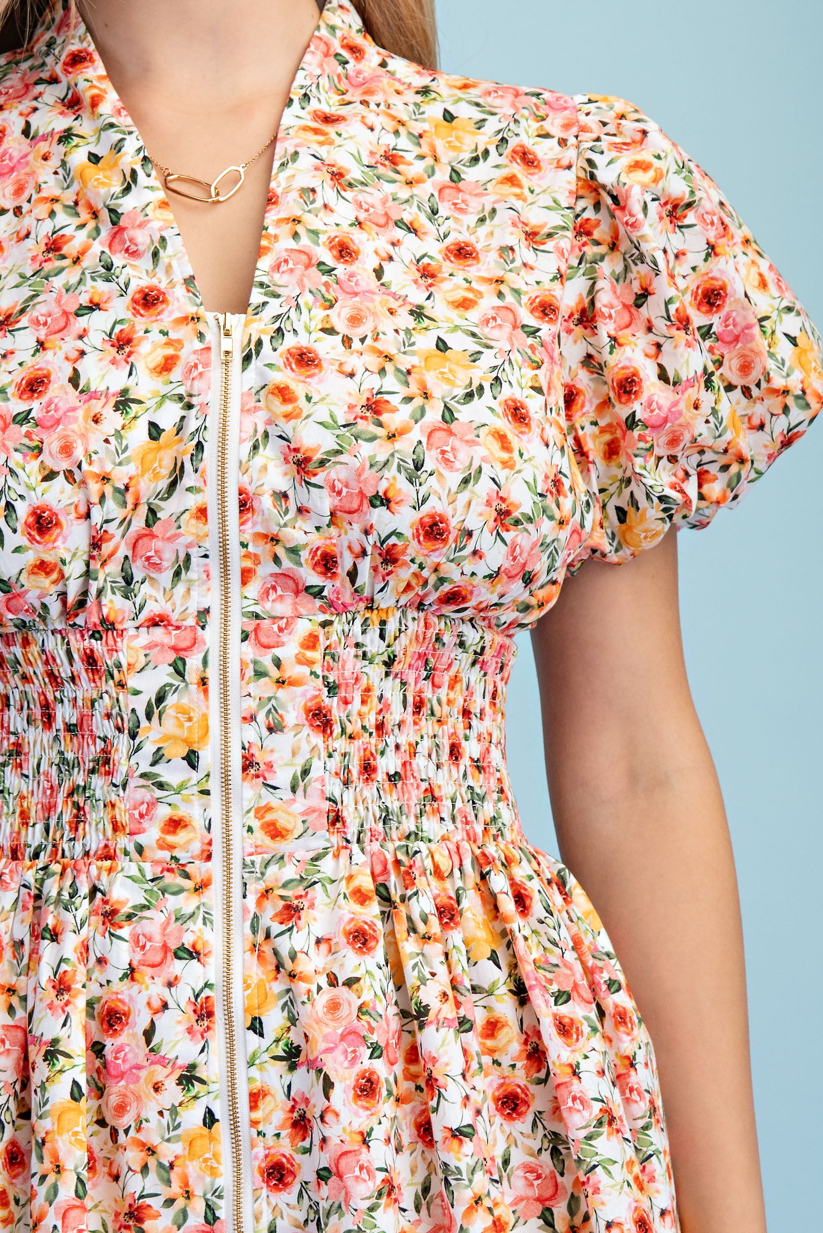 Gigio Rose Print Puff Sleeve Mini Dress