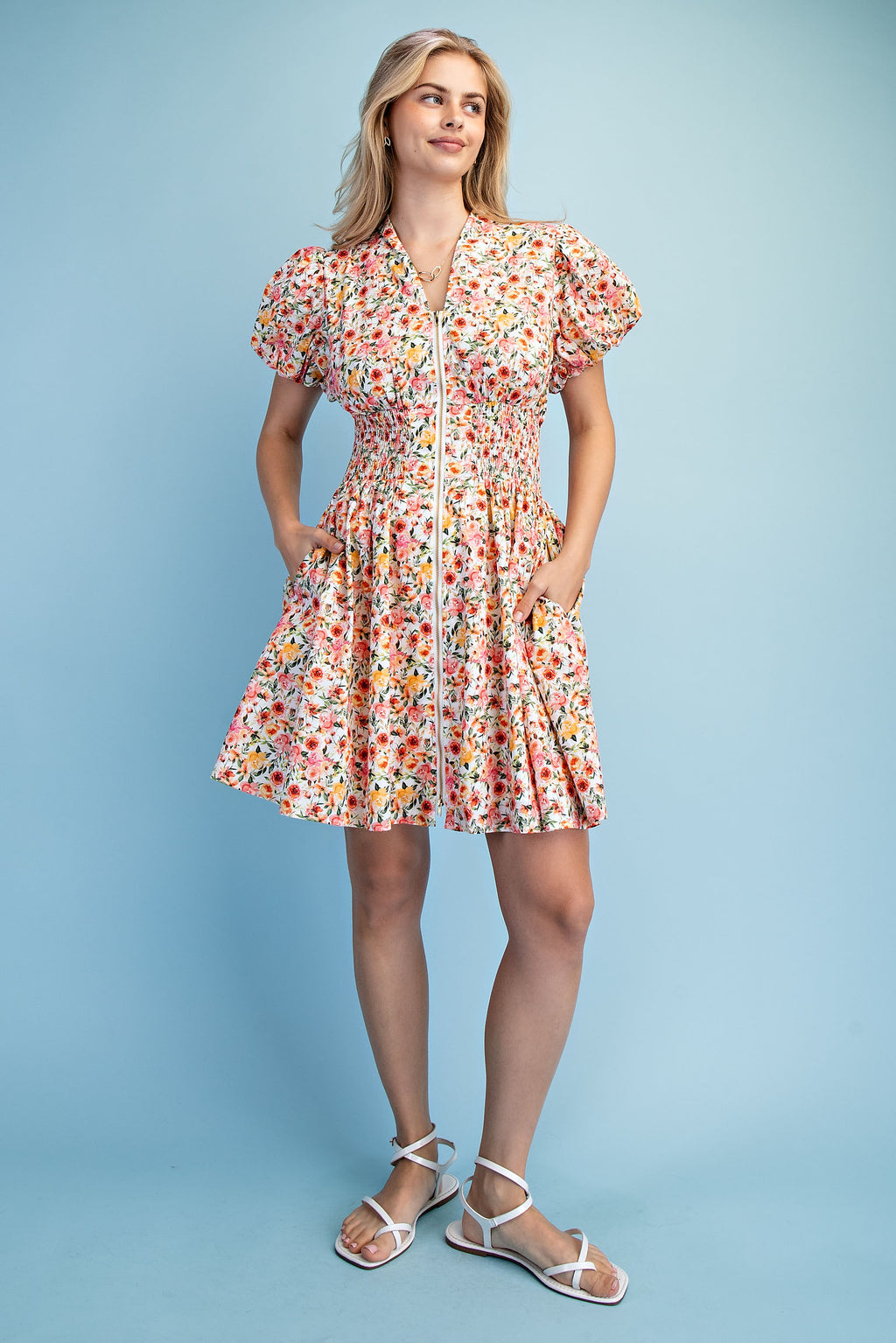Gigio Rose Print Puff Sleeve Mini Dress