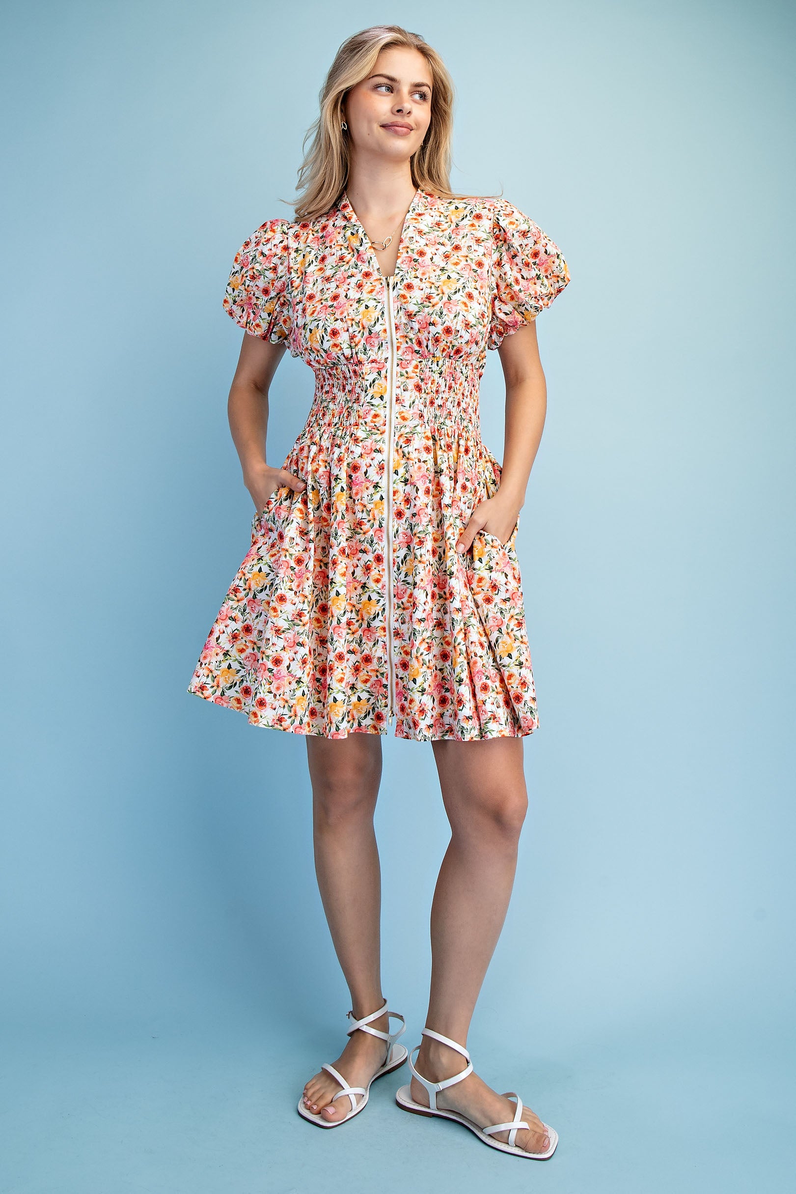 Gigio Rose Print Puff Sleeve Mini Dress