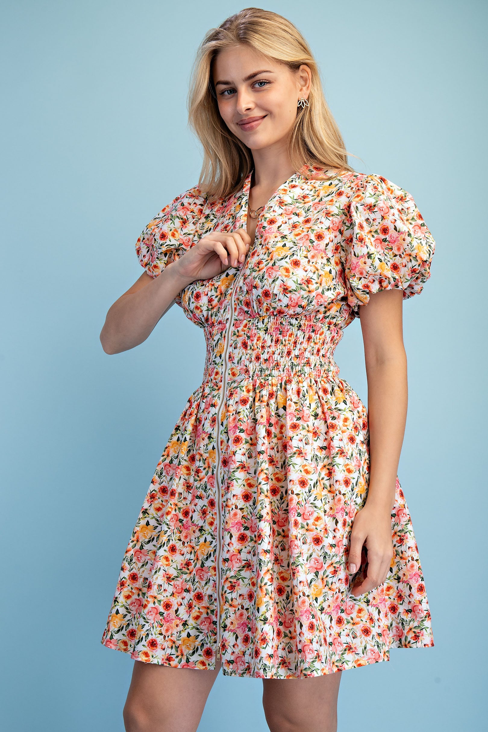 Gigio Rose Print Puff Sleeve Mini Dress