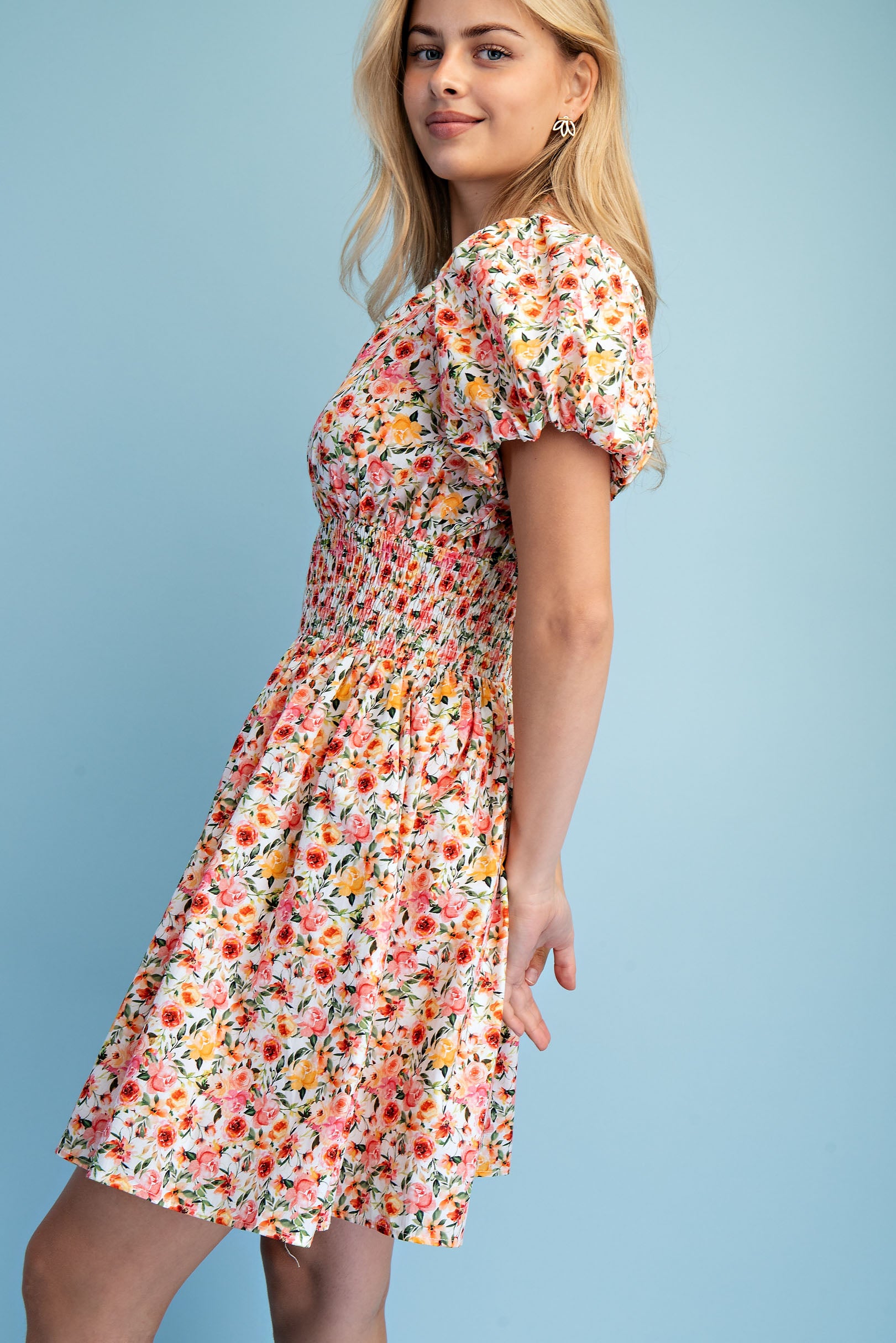 Gigio Rose Print Puff Sleeve Mini Dress