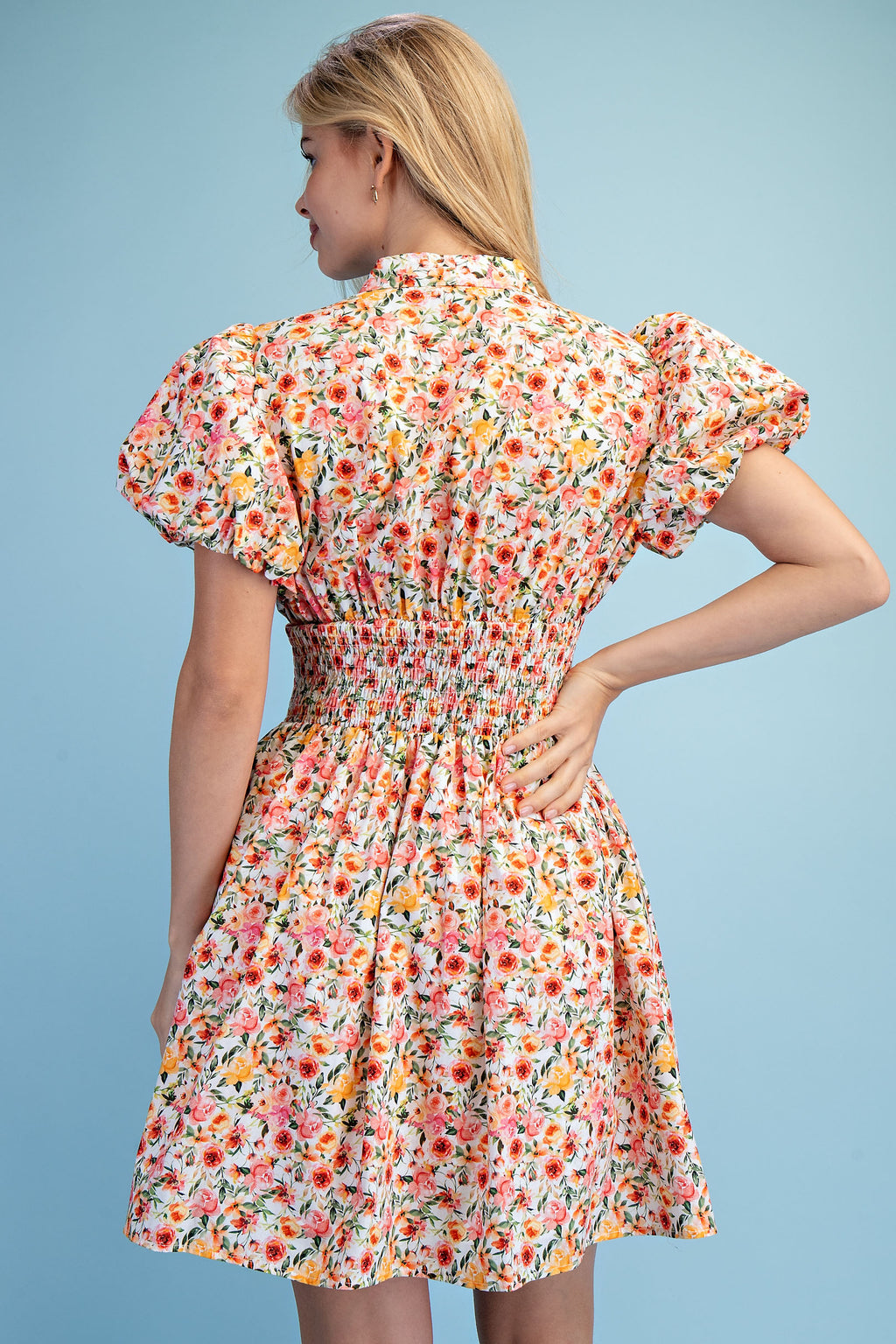 Gigio Rose Print Puff Sleeve Mini Dress