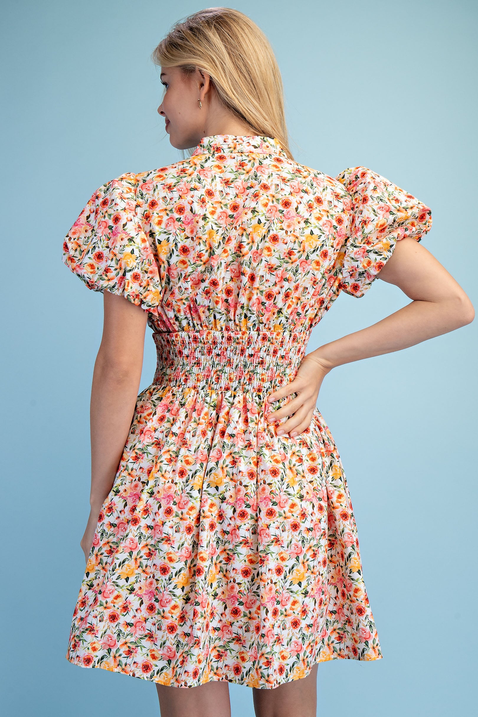 Gigio Rose Print Puff Sleeve Mini Dress