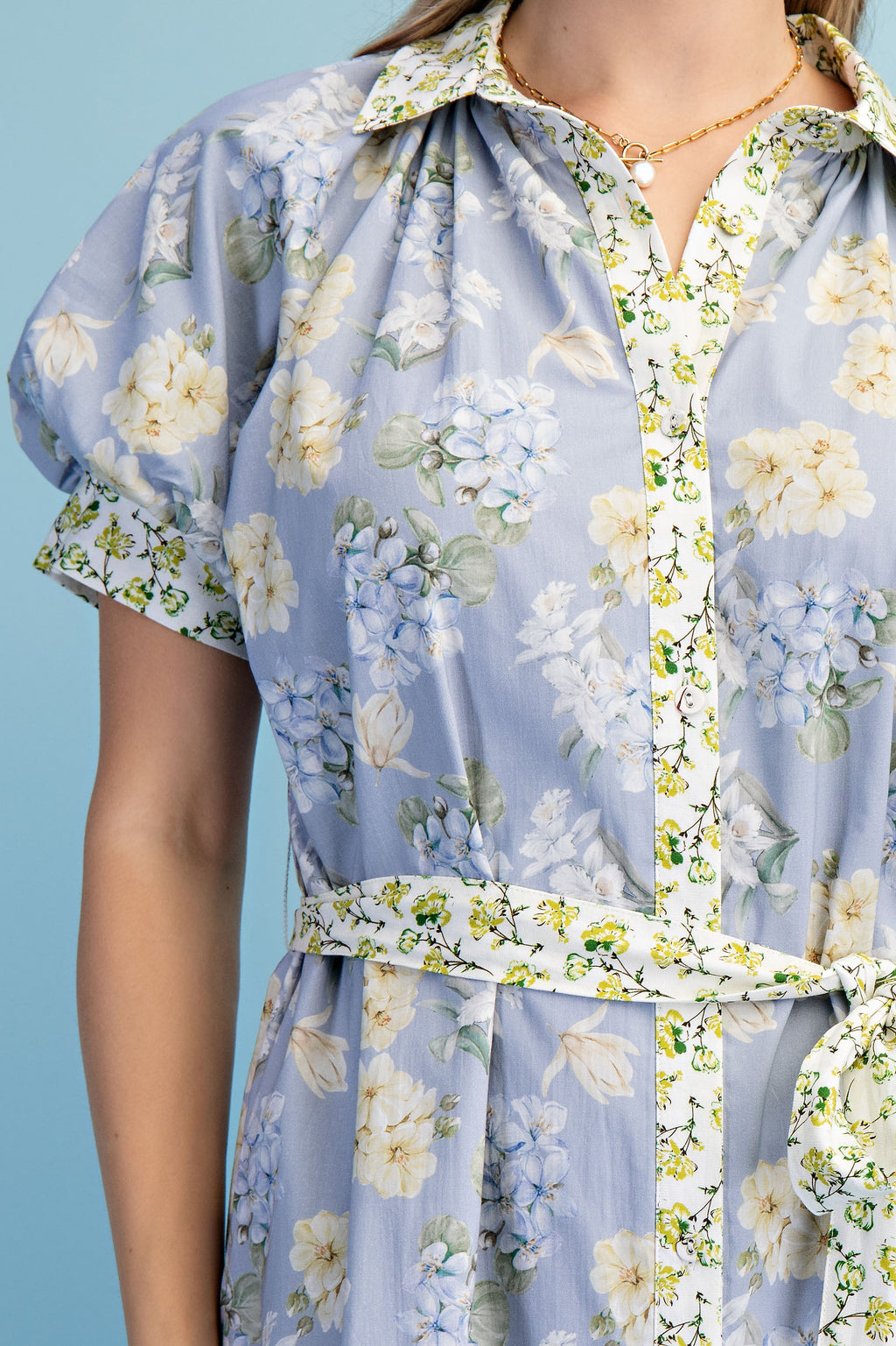 Gigio Floral Accent Print Puff Sleeve Midi Dress