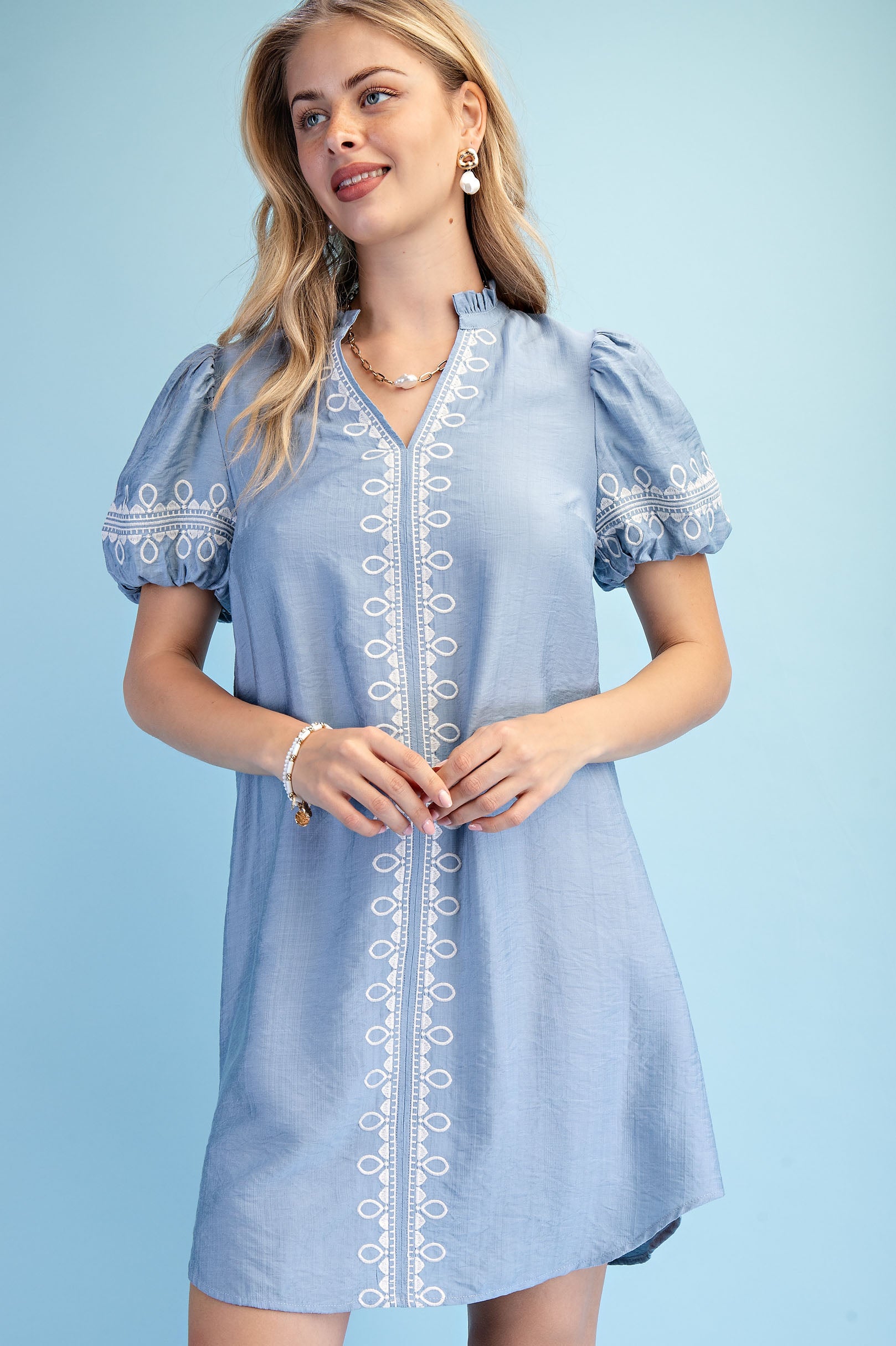 Gigio Embroidered V Neck Mini Dress w/Ruffle Neck