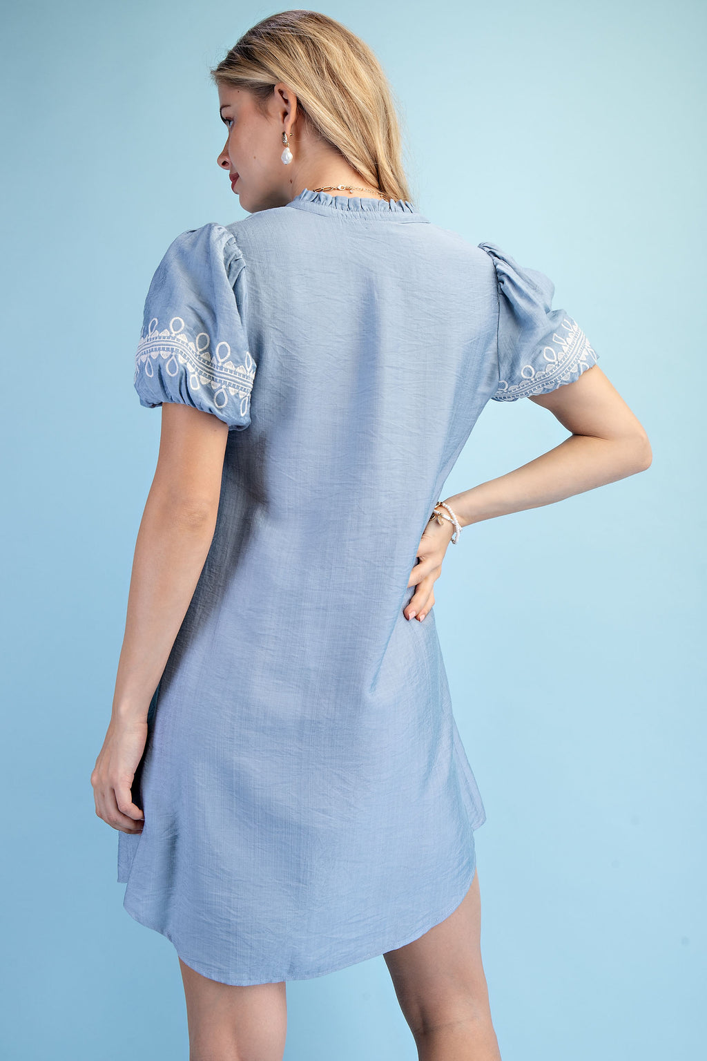 Gigio Embroidered V Neck Mini Dress w/Ruffle Neck